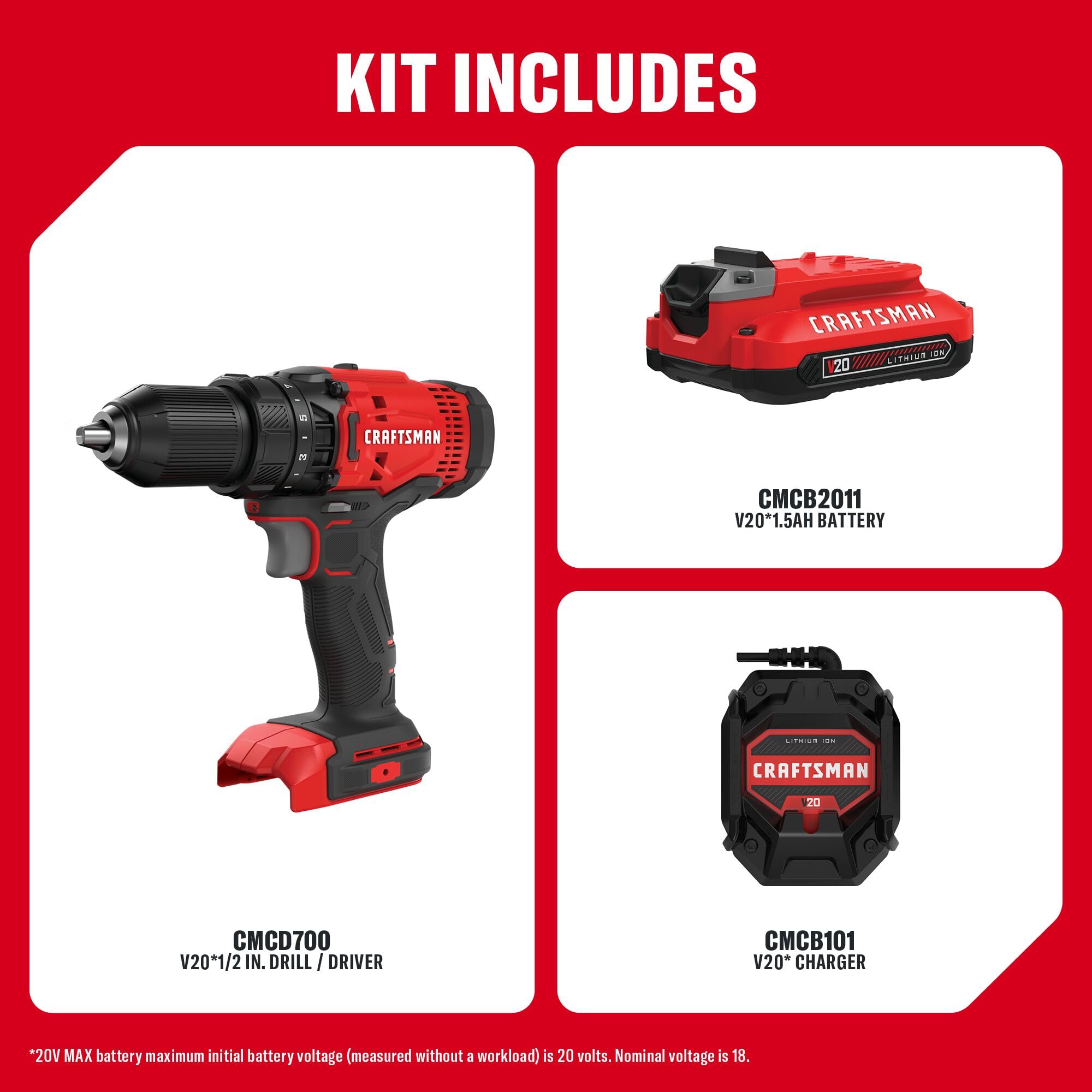 CRAFTSMAN V20 Cordless Drill/Driver Kit, 1/2 inch, Battery and Charger Included (CMCD700C1)