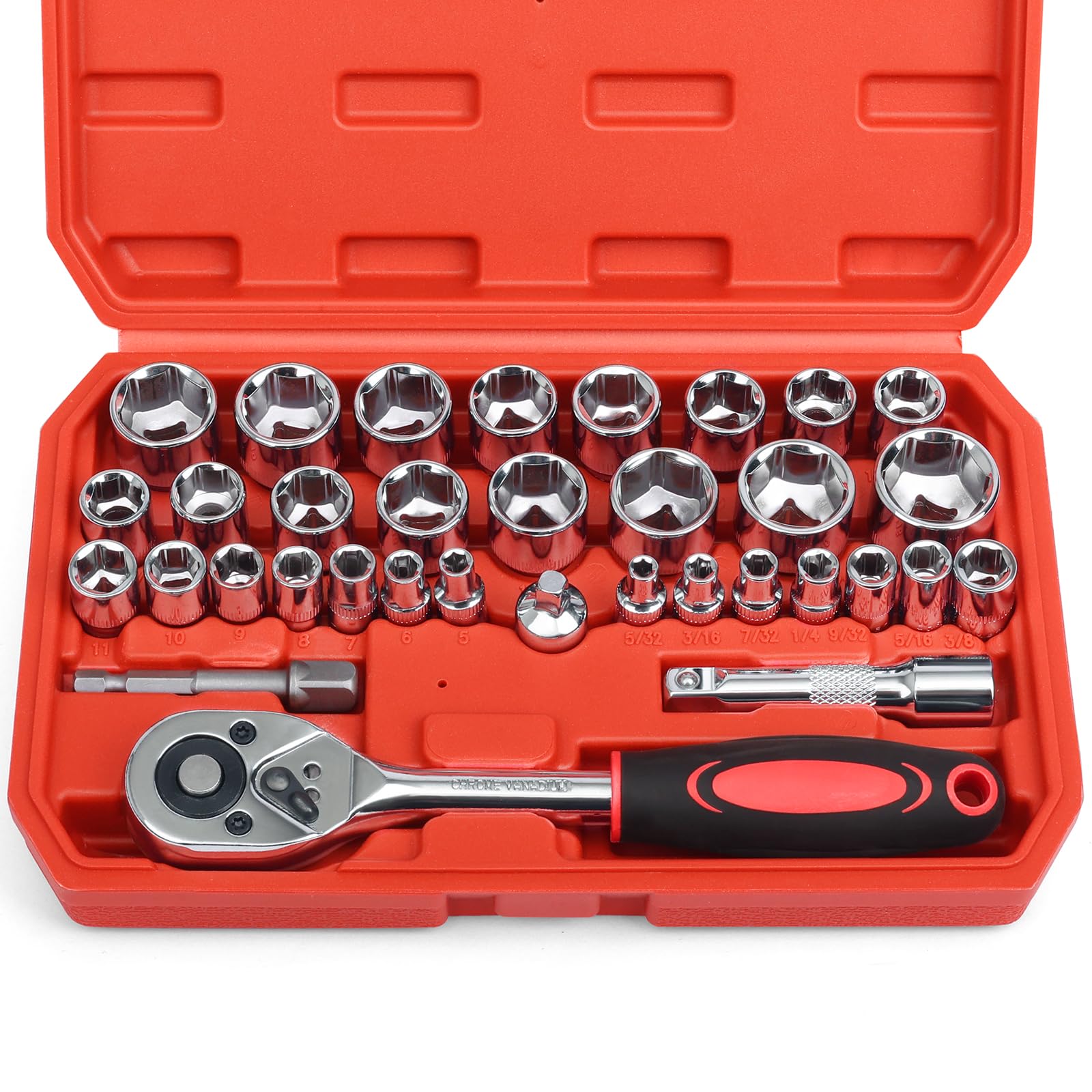 Egofine Drive Socket Ratchet Wrench Set, with Socket Set Metric and Extension Bar for Auto Repairing and Household, with Storage Case