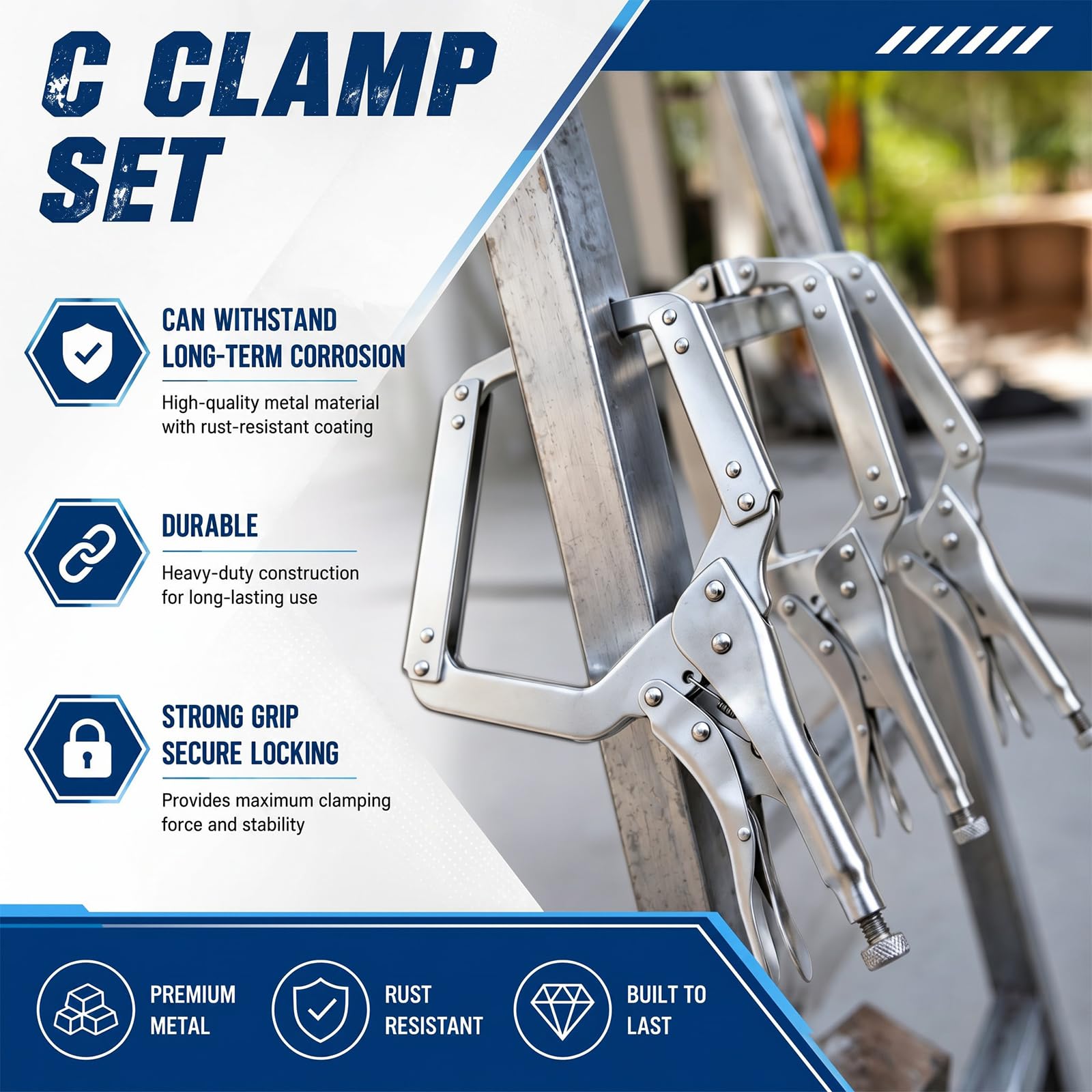 Locking C Clamp Set, Locking Pliers with Fixed and Swivel Pads, 6 Inch, 9 and 11 Inch, Metal Tools Welding Clamps for Home Farm