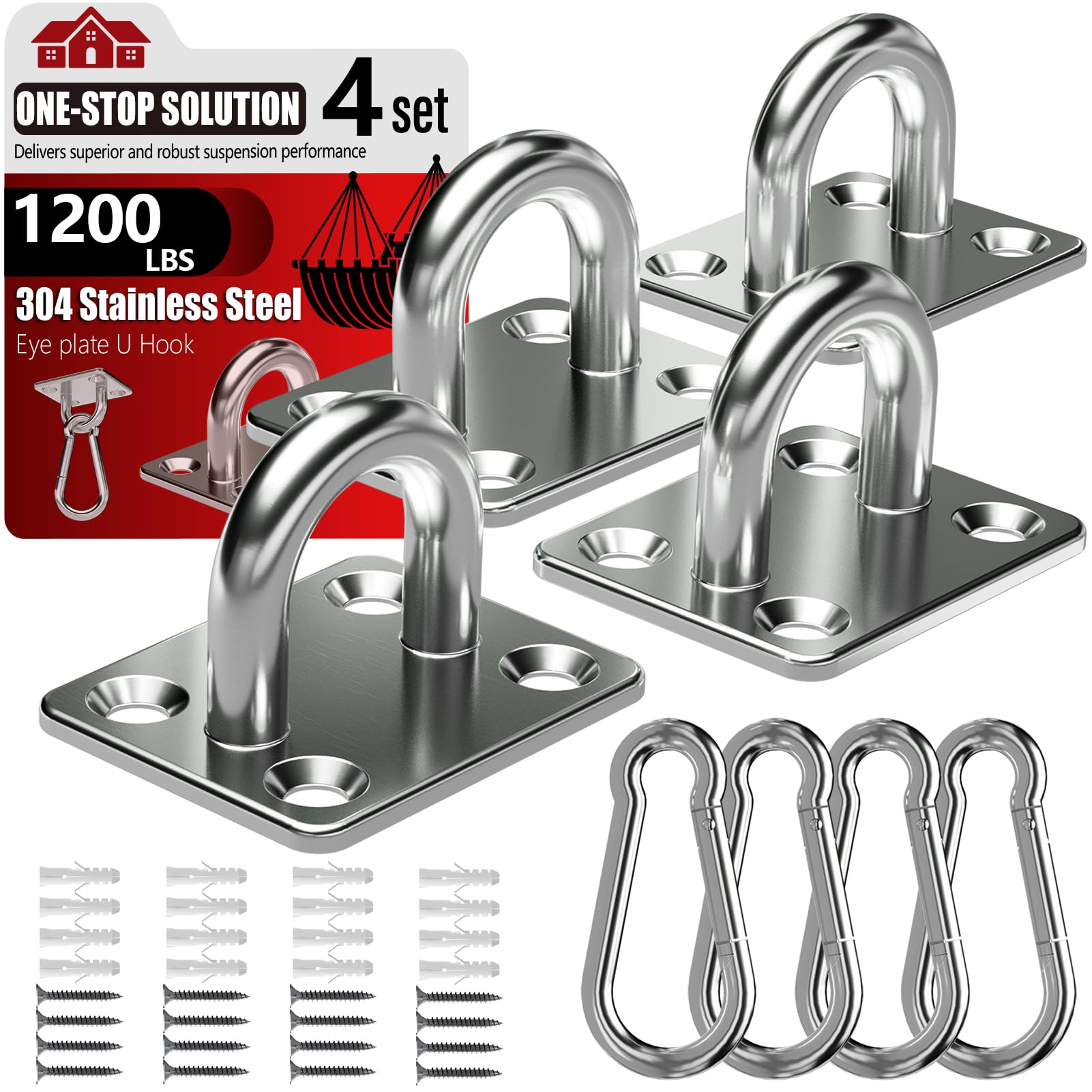 sprookber 304 Stainless Steel Pad Eye Snap Hooks, Heavy Duty Ceiling Hooks, Hammock Swing Hanging kit, Plant Hangers, Marine Hardware Staple Hook Loop with Screws, Set of 8