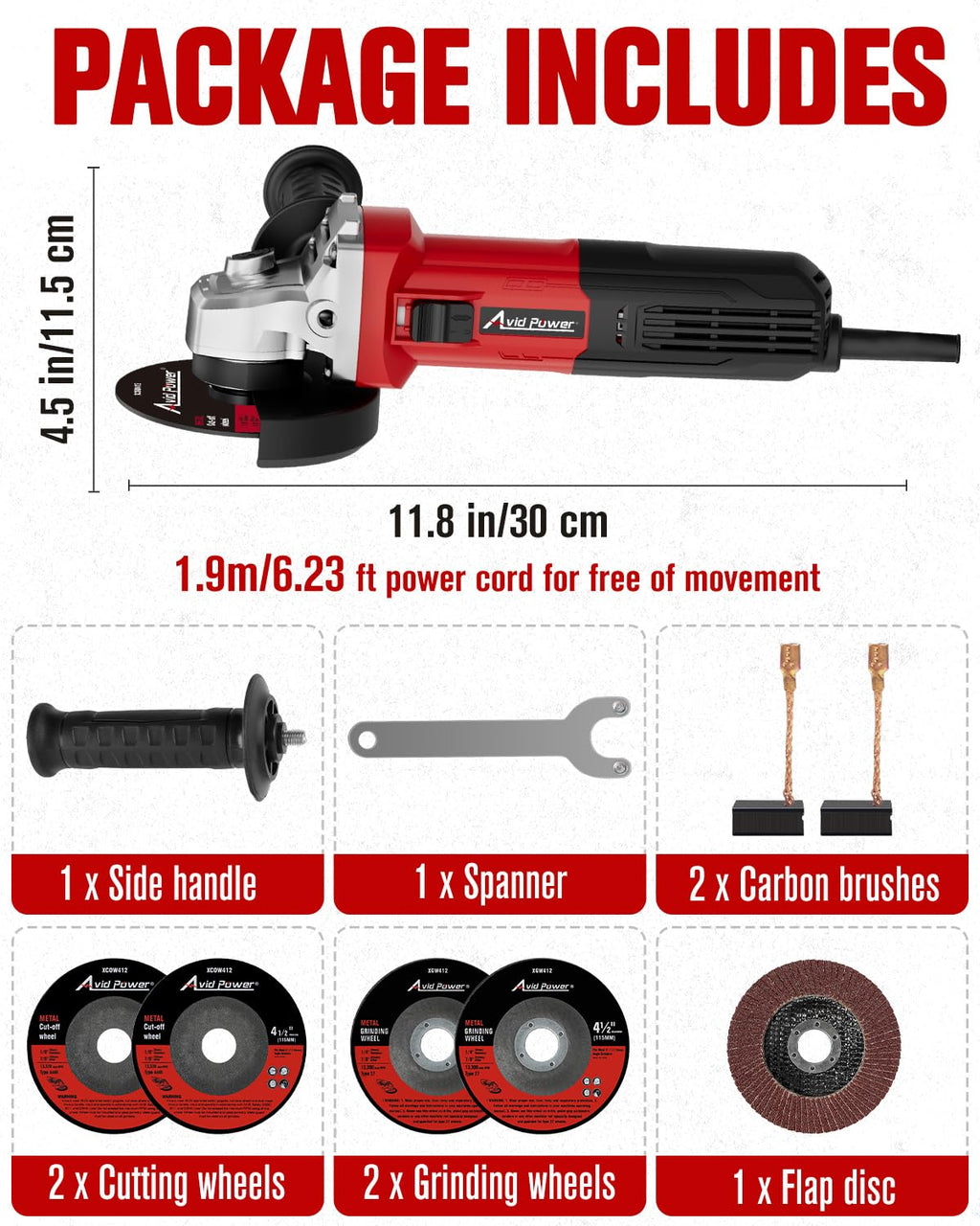 AVID POWER Angle Grinder, 7.5-Amp 4-1/2 inch Electric Grinder Power Tools with Grinding and Cutting Wheels, Flap Disc and Auxiliary Handle for Cutting, Grinding, Polishing and Rust Removal