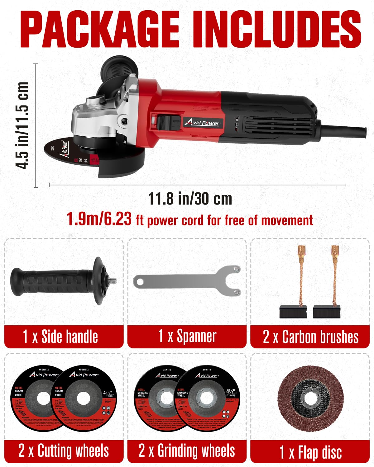 AVID POWER Angle Grinder, 7.5-Amp 4-1/2 inch Electric Grinder Power Tools with Grinding and Cutting Wheels, Flap Disc and Auxiliary Handle for Cutting, Grinding, Polishing and Rust Removal