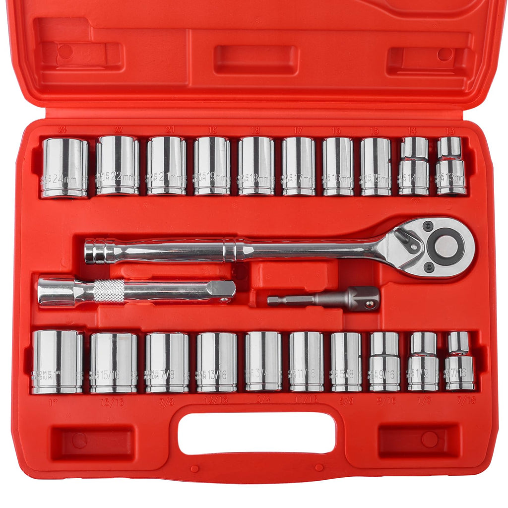Egofine Drive Socket Ratchet Wrench Set, with Socket Set Metric and Extension Bar for Auto Repairing and Household, with Storage Case
