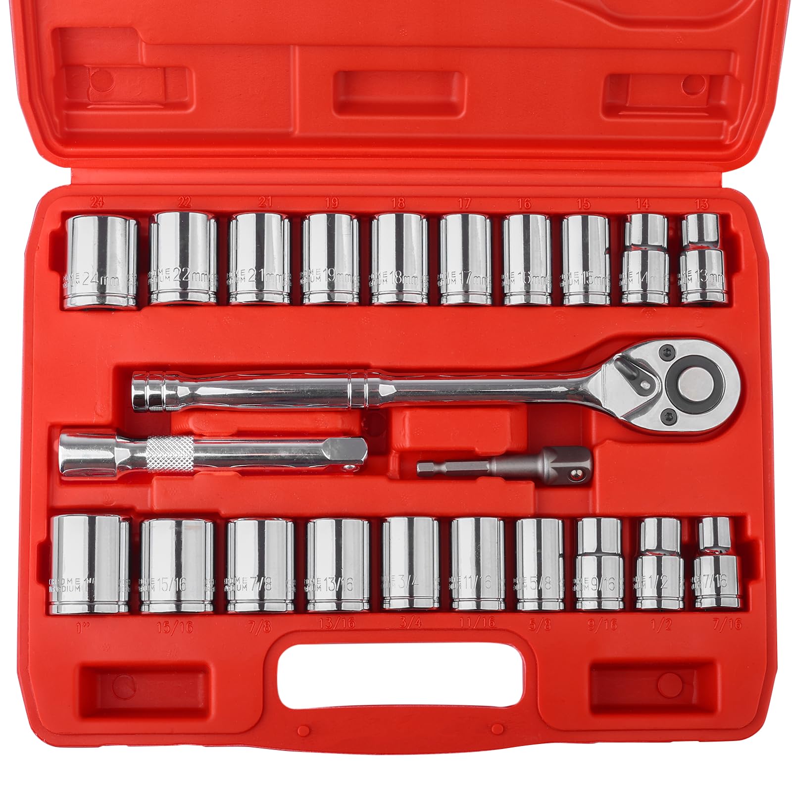 Egofine Drive Socket Ratchet Wrench Set, with Socket Set Metric and Extension Bar for Auto Repairing and Household, with Storage Case