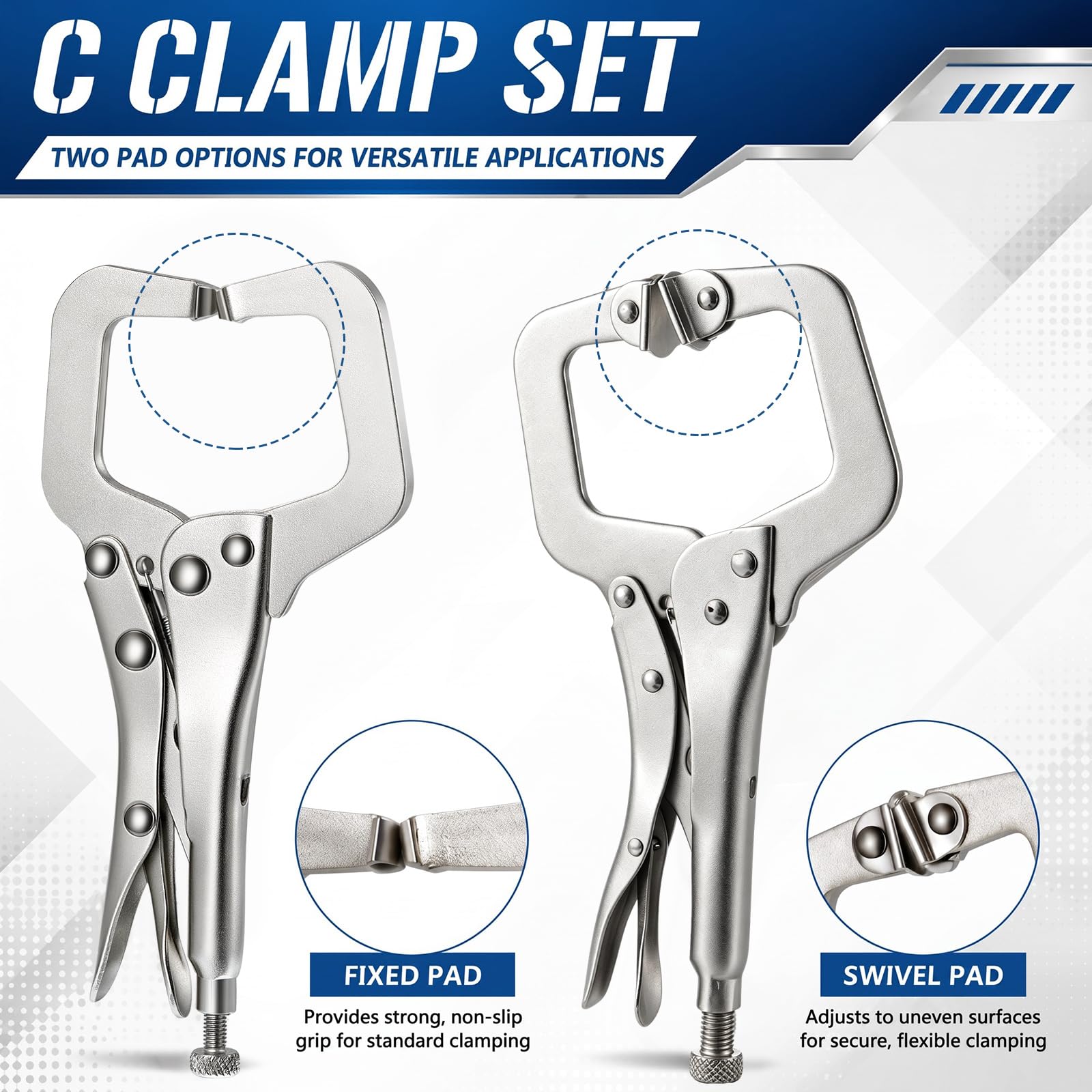 Locking C Clamp Set, Locking Pliers with Fixed and Swivel Pads, 6 Inch, 9 and 11 Inch, Metal Tools Welding Clamps for Home Farm