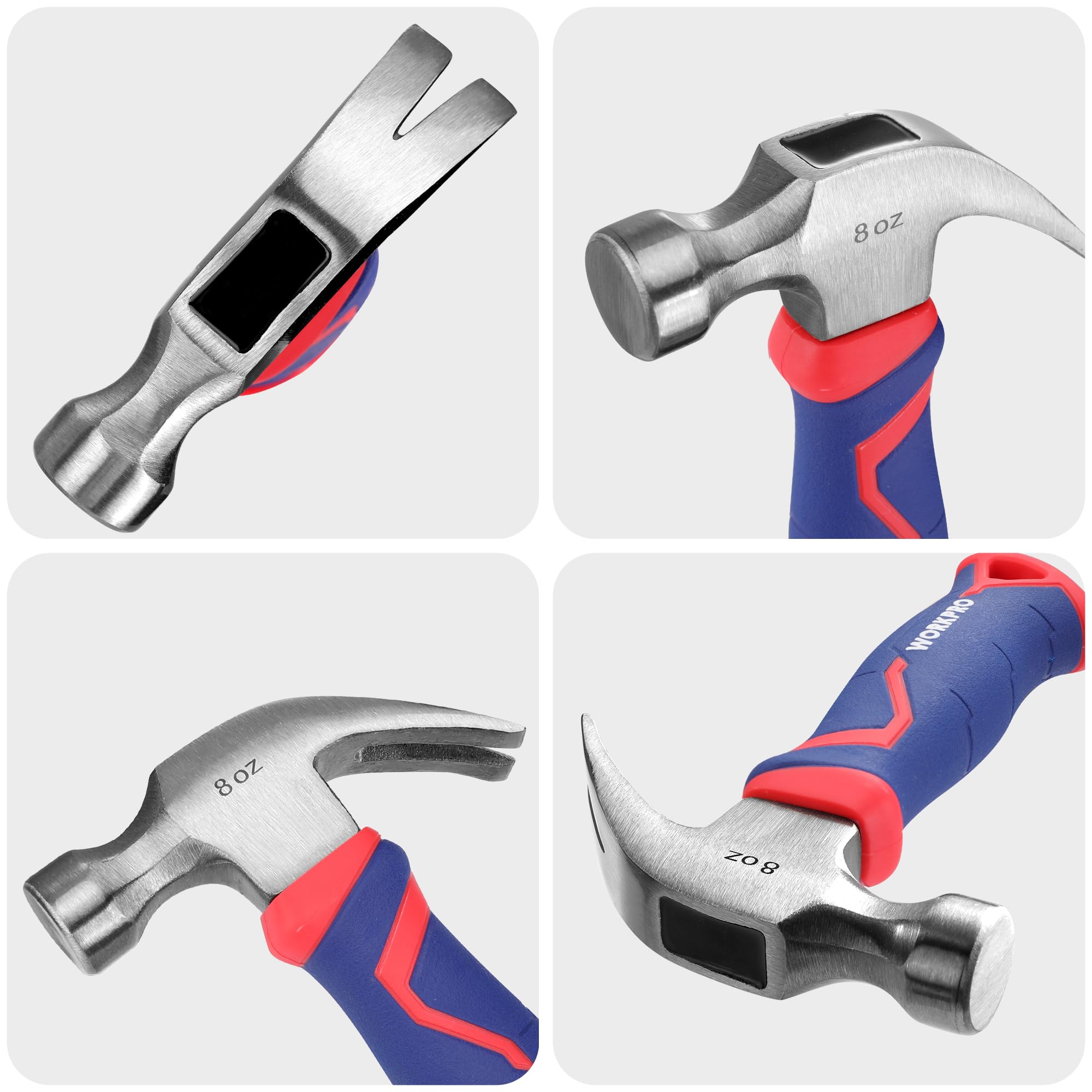 WORKPRO Claw Hammer with Fiberglass Handle, All Purpose Hammer with Forged Hardened Steel Head