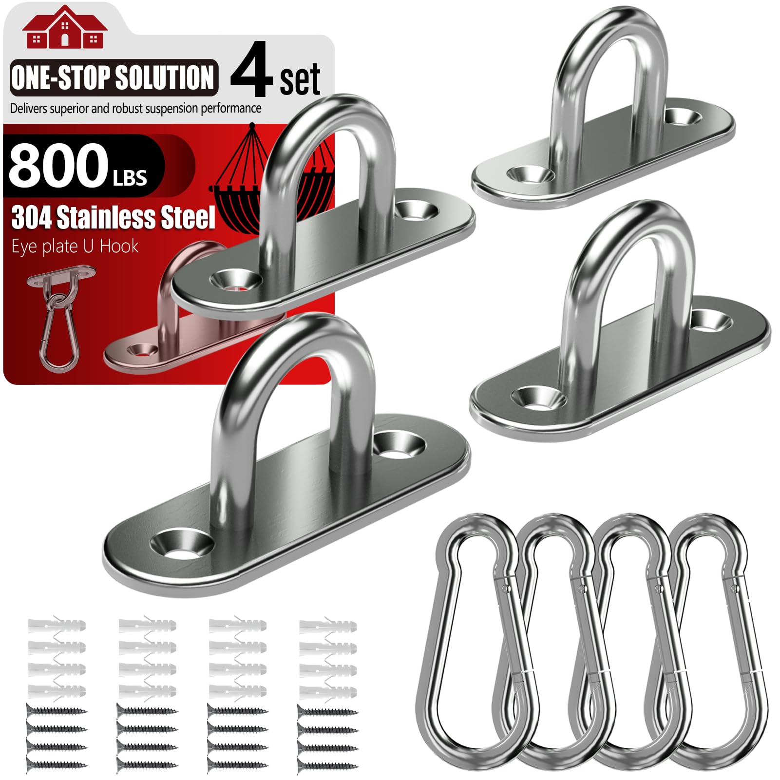 sprookber 304 Stainless Steel Pad Eye Snap Hooks, Heavy Duty Ceiling Hooks, Hammock Swing Hanging kit, Plant Hangers, Marine Hardware Staple Hook Loop with Screws, Set of 8