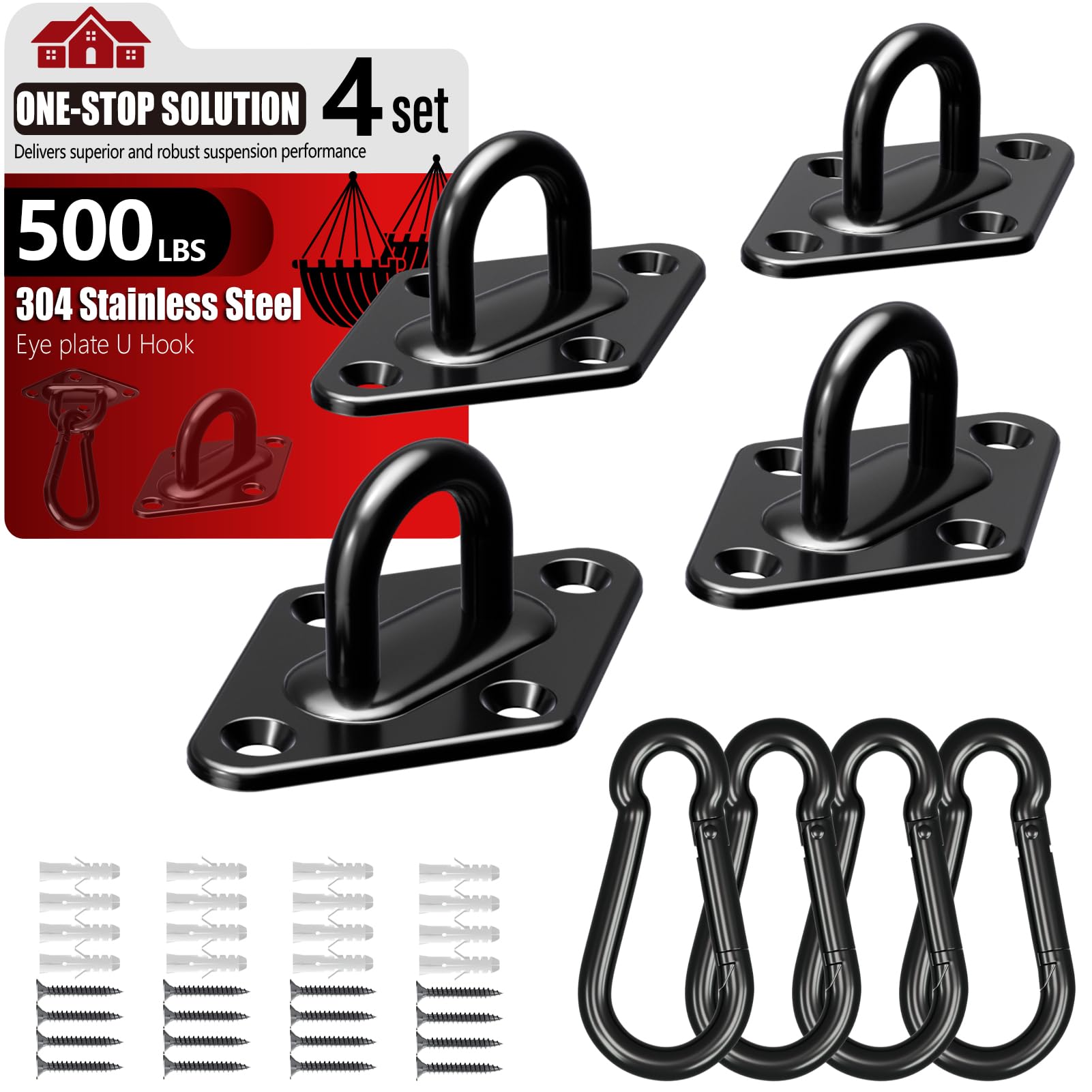 sprookber 304 Stainless Steel Pad Eye Snap Hooks, Heavy Duty Ceiling Hooks, Hammock Swing Hanging kit, Plant Hangers, Marine Hardware Staple Hook Loop with Screws, Set of 8