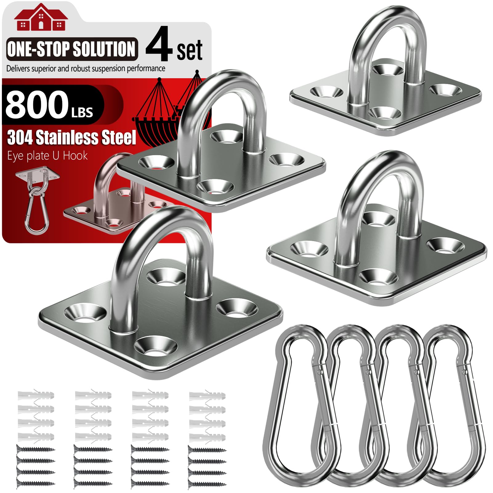 sprookber 304 Stainless Steel Pad Eye Snap Hooks, Heavy Duty Ceiling Hooks, Hammock Swing Hanging kit, Plant Hangers, Marine Hardware Staple Hook Loop with Screws, Set of 8