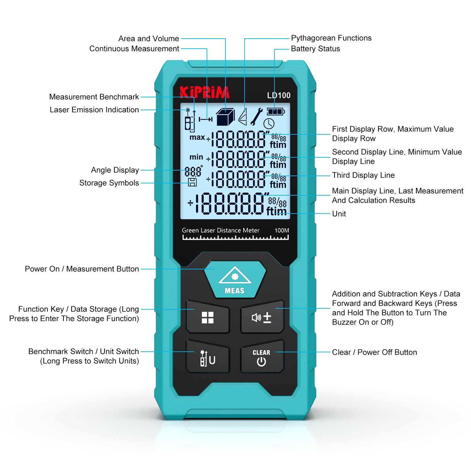 Kiprim LD100 Green Laser Distance Meter,328ft,Rechargeable,Electronic Level