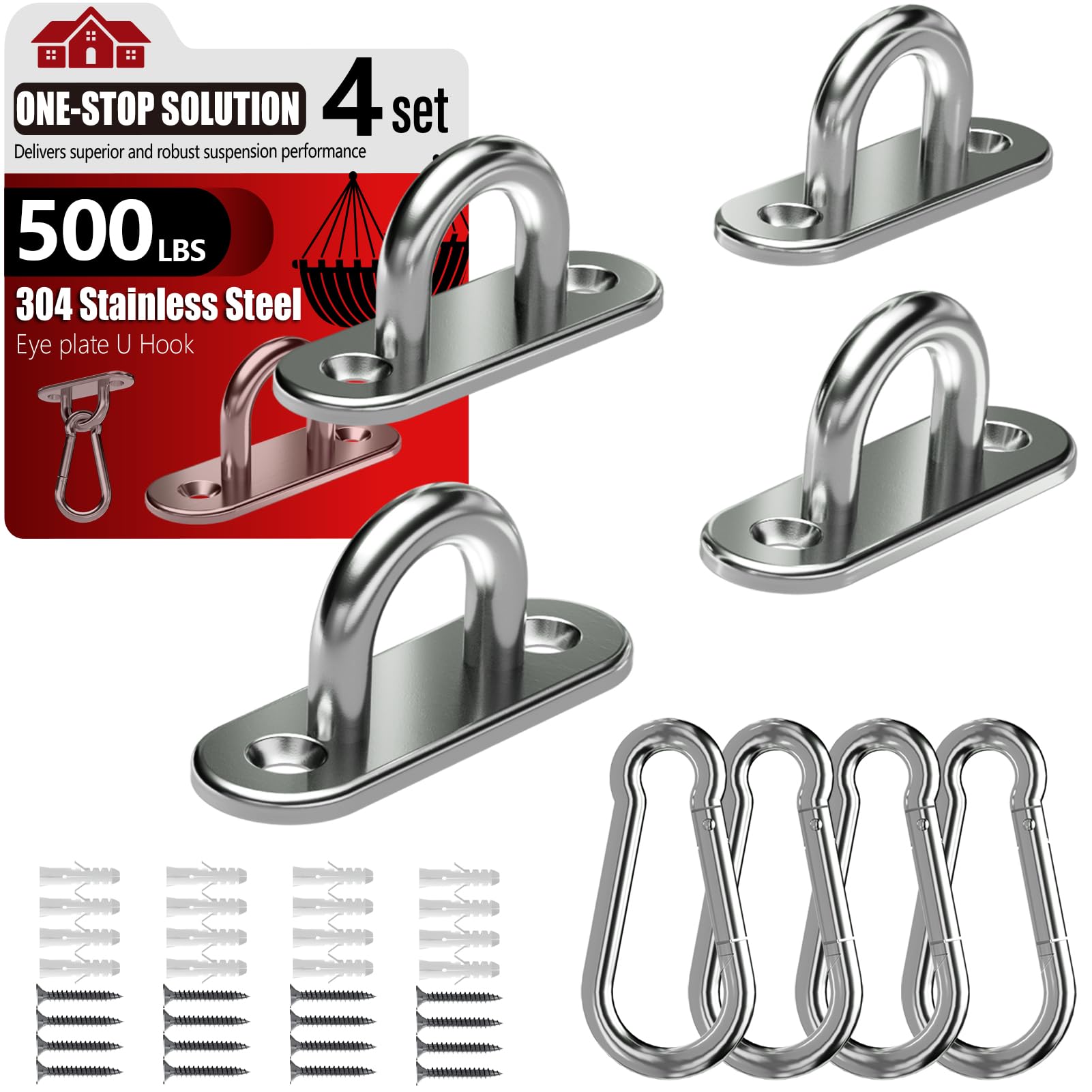 sprookber 304 Stainless Steel Pad Eye Snap Hooks, Heavy Duty Ceiling Hooks, Hammock Swing Hanging kit, Plant Hangers, Marine Hardware Staple Hook Loop with Screws, Set of 8