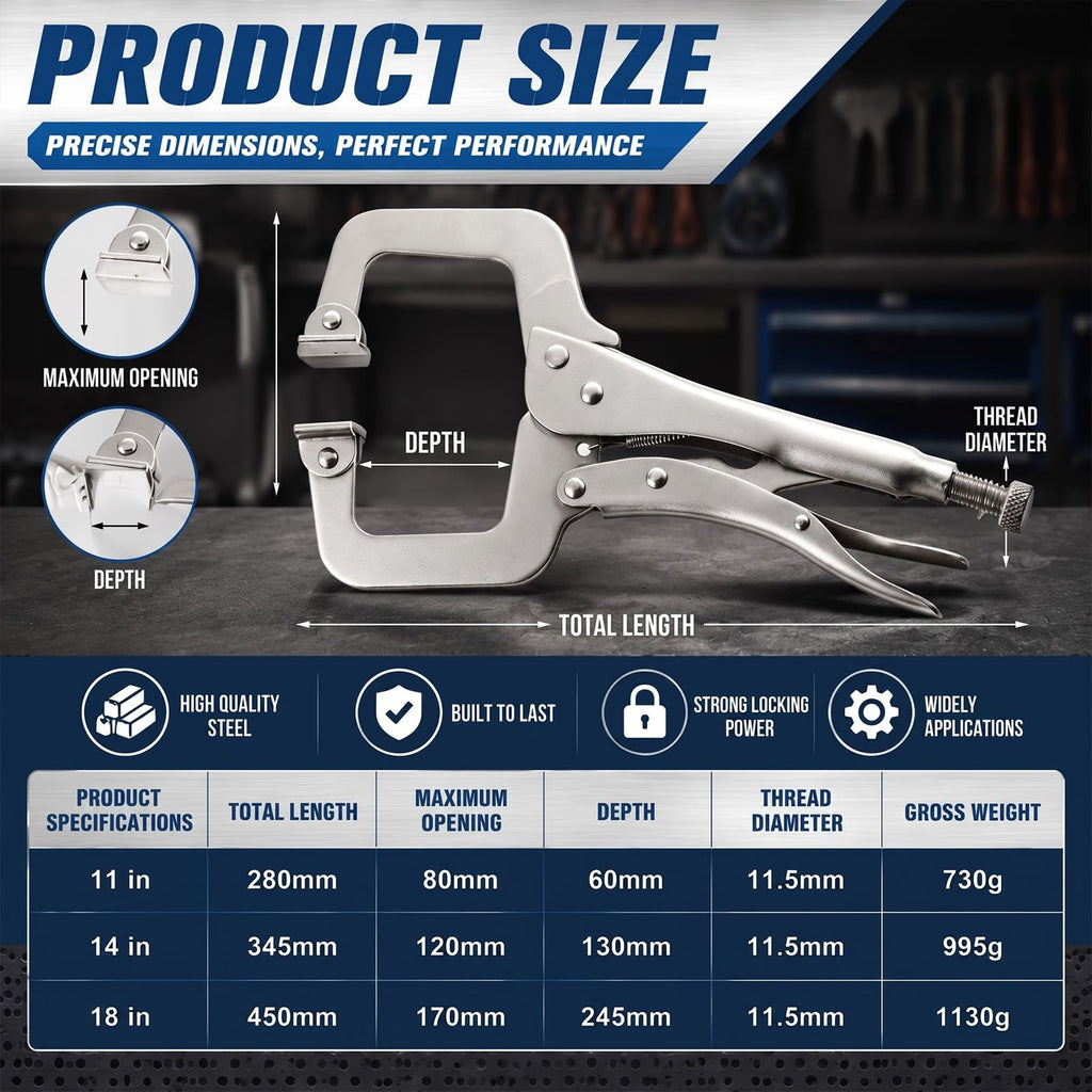 Locking C Clamp Set, Locking Pliers with Fixed and Swivel Pads, 6 Inch, 9 and 11 Inch, Metal Tools Welding Clamps for Home Farm