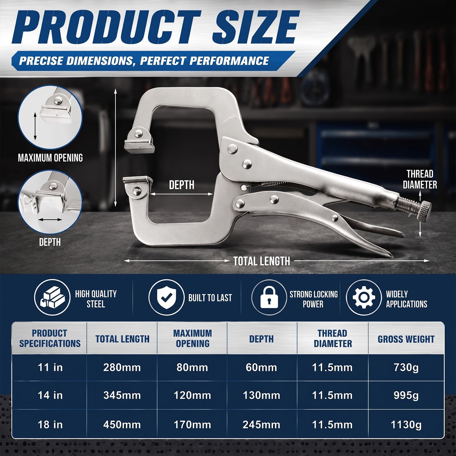 Locking C Clamp Set, Locking Pliers with Fixed and Swivel Pads, 6 Inch, 9 and 11 Inch, Metal Tools Welding Clamps for Home Farm