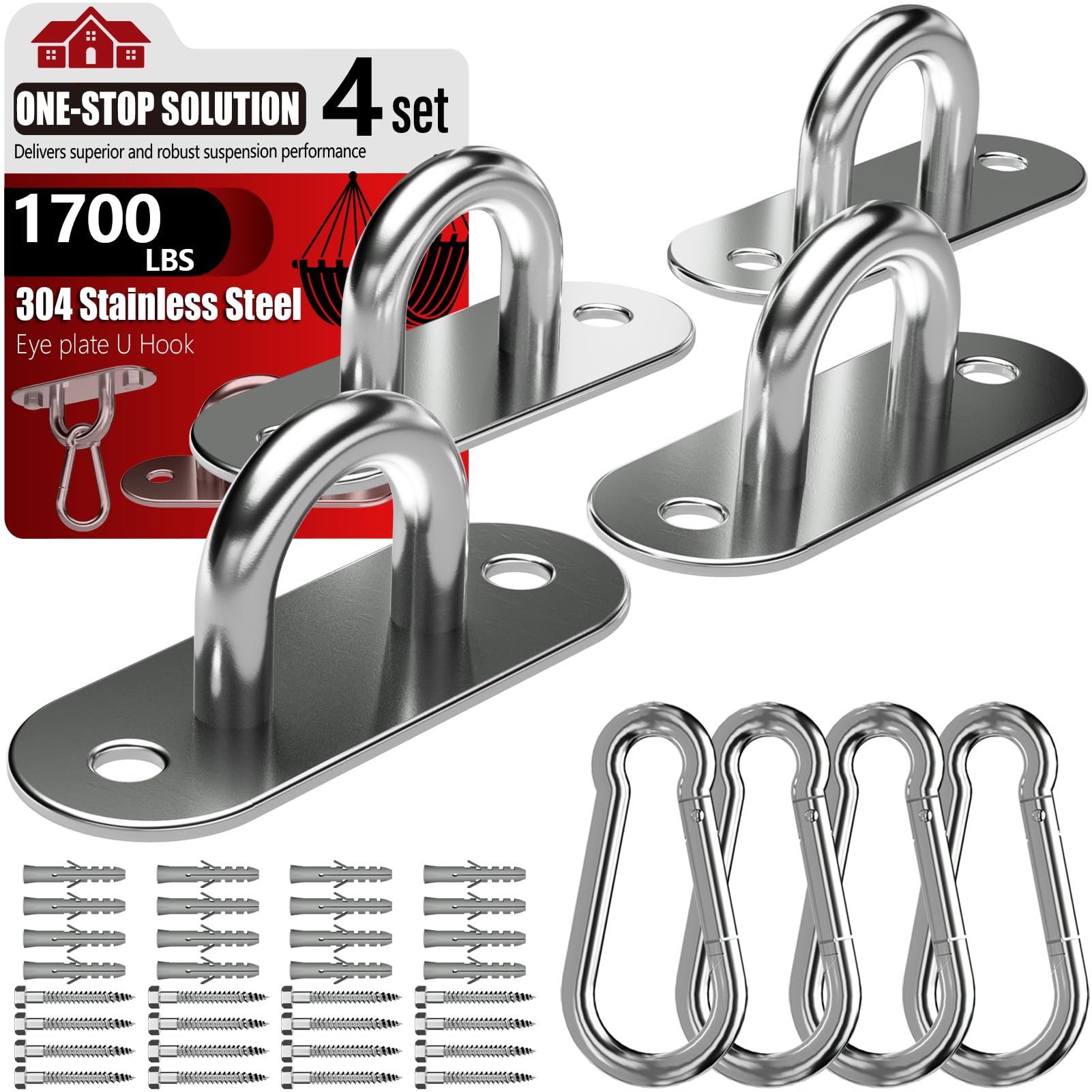 sprookber 304 Stainless Steel Pad Eye Snap Hooks, Heavy Duty Ceiling Hooks, Hammock Swing Hanging kit, Plant Hangers, Marine Hardware Staple Hook Loop with Screws, Set of 8