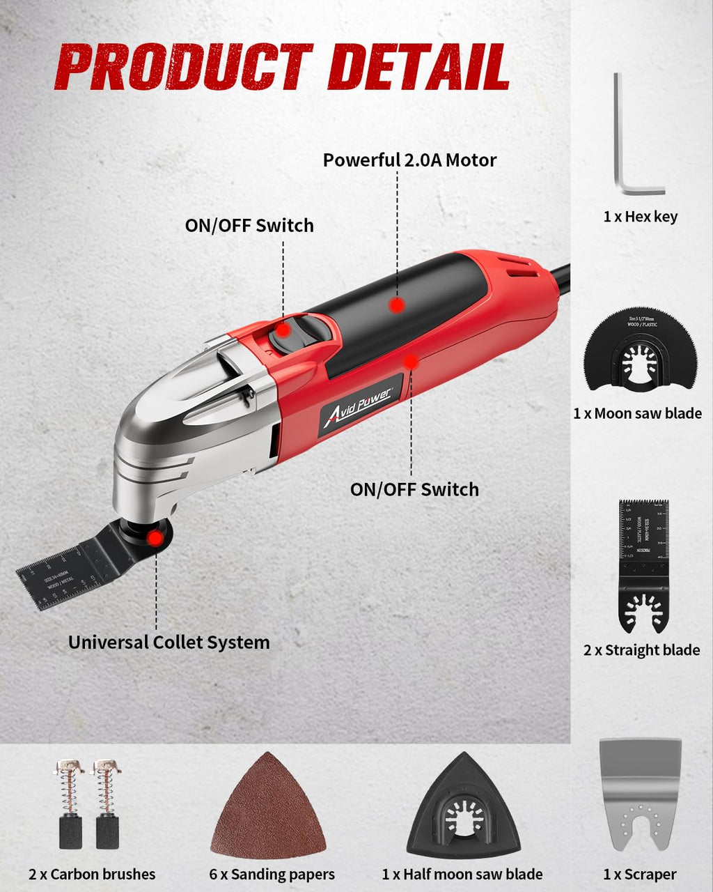 AVID POWER Oscillating Tool, 22000 OPM Electric Oscillating Multi Tool with 3°Oscillation Angle, Cutting, Sanding, Grinding, Scraping, 11 Accessories & Universal Interface