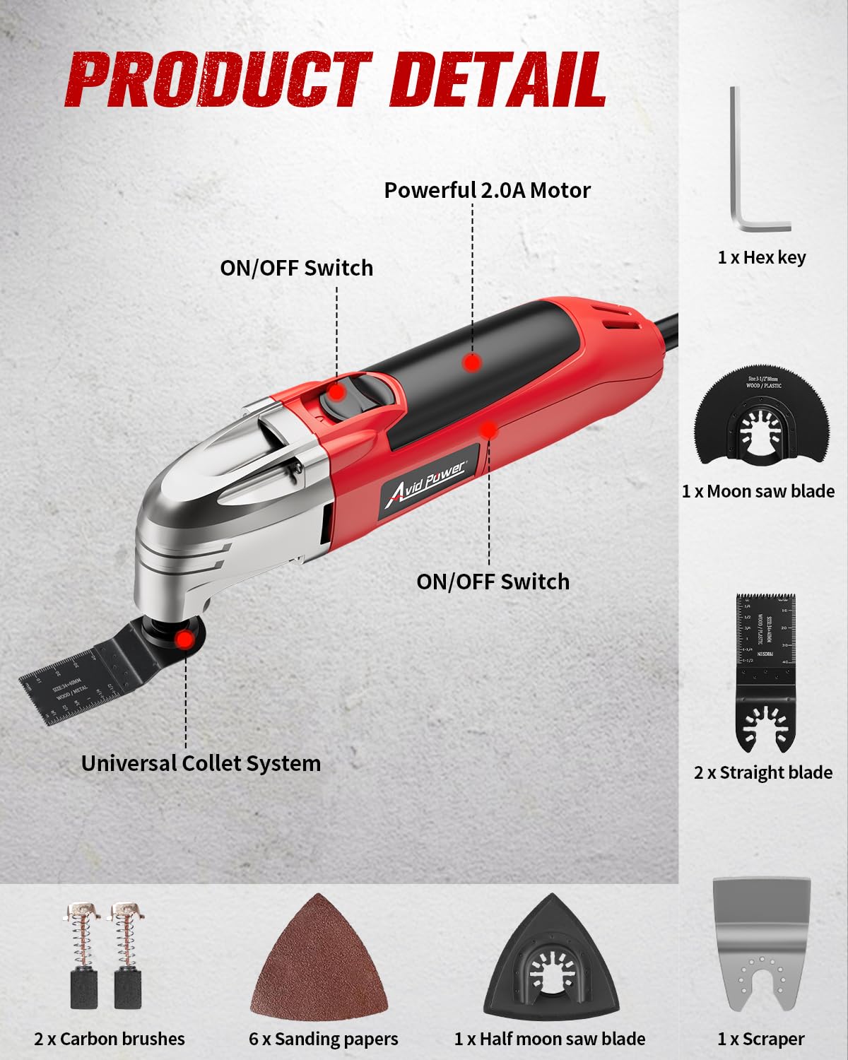 AVID POWER Oscillating Tool, 22000 OPM Electric Oscillating Multi Tool with 3°Oscillation Angle, Cutting, Sanding, Grinding, Scraping, 11 Accessories & Universal Interface