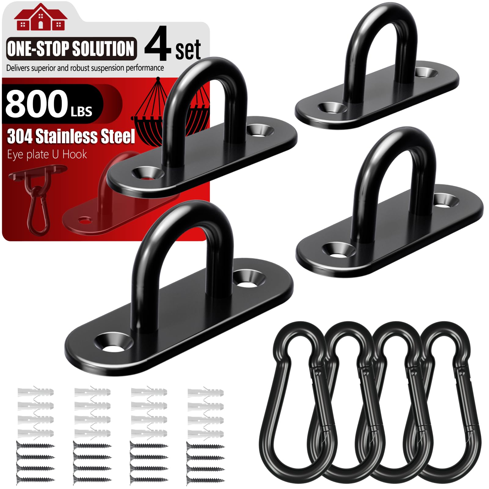 sprookber 304 Stainless Steel Pad Eye Snap Hooks, Heavy Duty Ceiling Hooks, Hammock Swing Hanging kit, Plant Hangers, Marine Hardware Staple Hook Loop with Screws, Set of 8