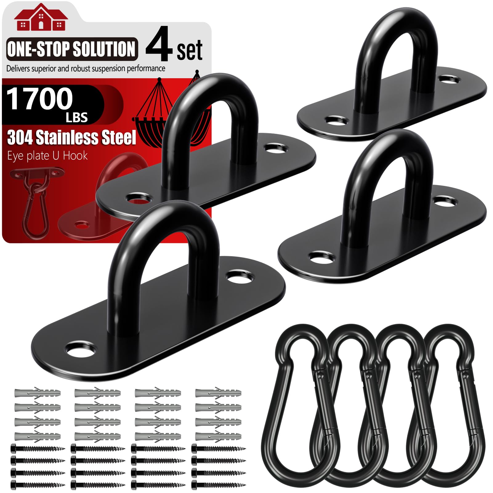sprookber 304 Stainless Steel Pad Eye Snap Hooks, Heavy Duty Ceiling Hooks, Hammock Swing Hanging kit, Plant Hangers, Marine Hardware Staple Hook Loop with Screws, Set of 8