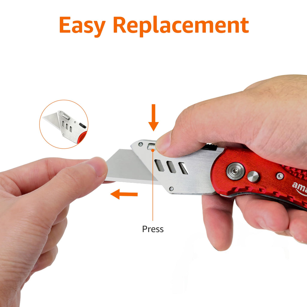 Amazon Basics Folding Utility Knife Box Cutter with Back-lock Mechanism, Portable Lightweight Aluminum Handle, Red