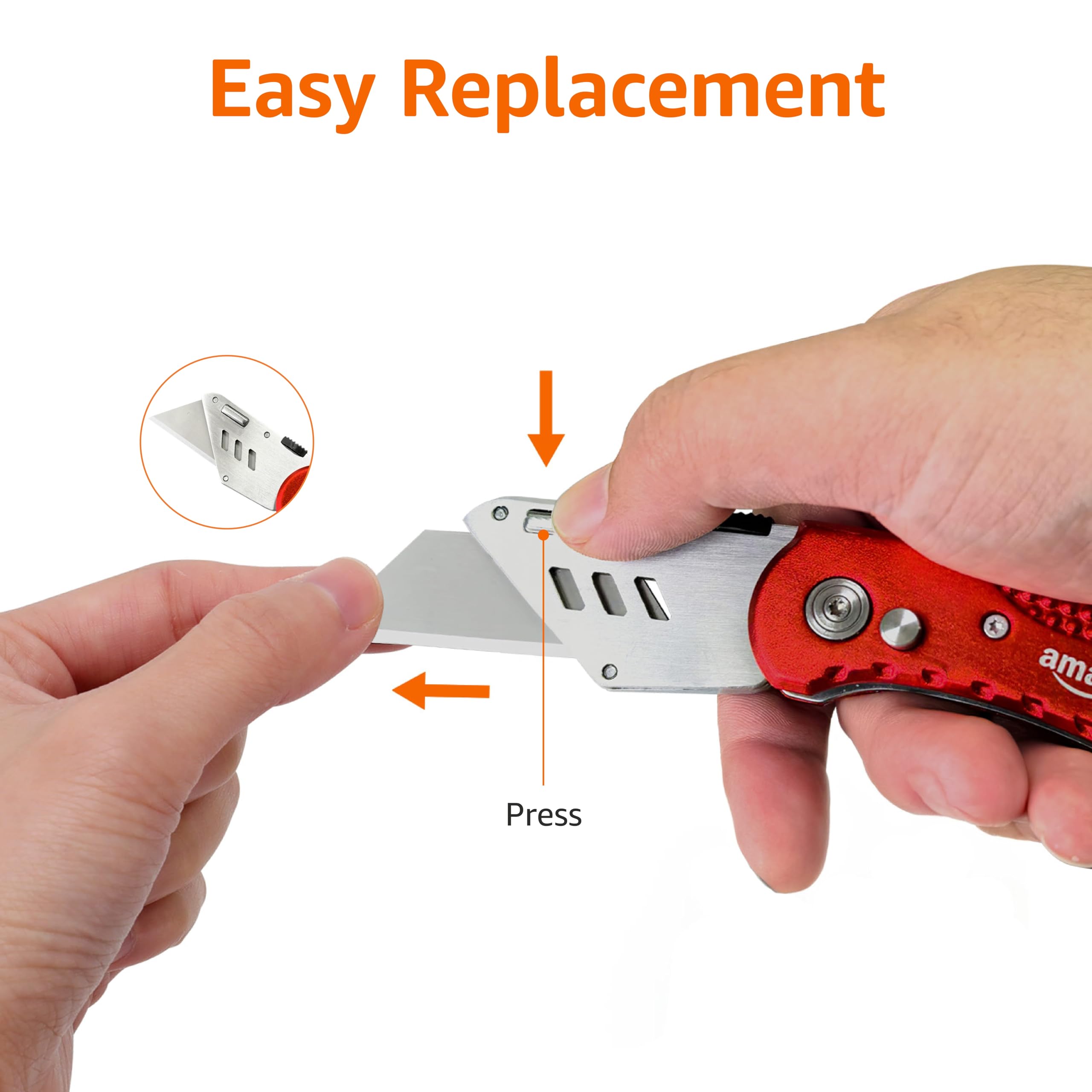Amazon Basics Folding Utility Knife Box Cutter with Back-lock Mechanism, Portable Lightweight Aluminum Handle, Red