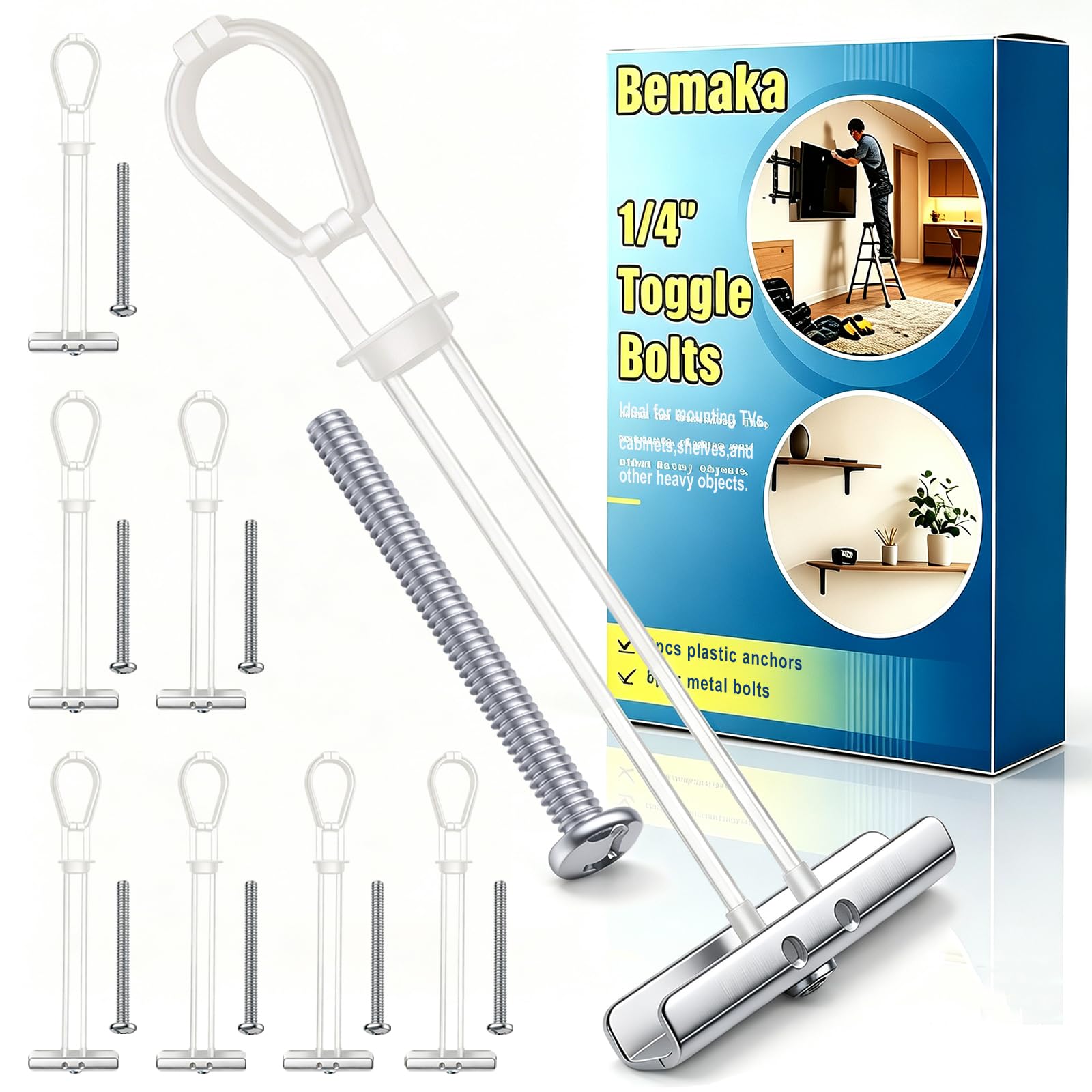Bemaka (1/8" 3/16" 1/4" 1/4"-20 11 Sizes Assortment kit) (Silver/Multicolor/White) (Optional) Toggle Bolts for Drywall, Heavy Duty Drywall Anchors and Screws Kit for Hollow Wall, Ceiling