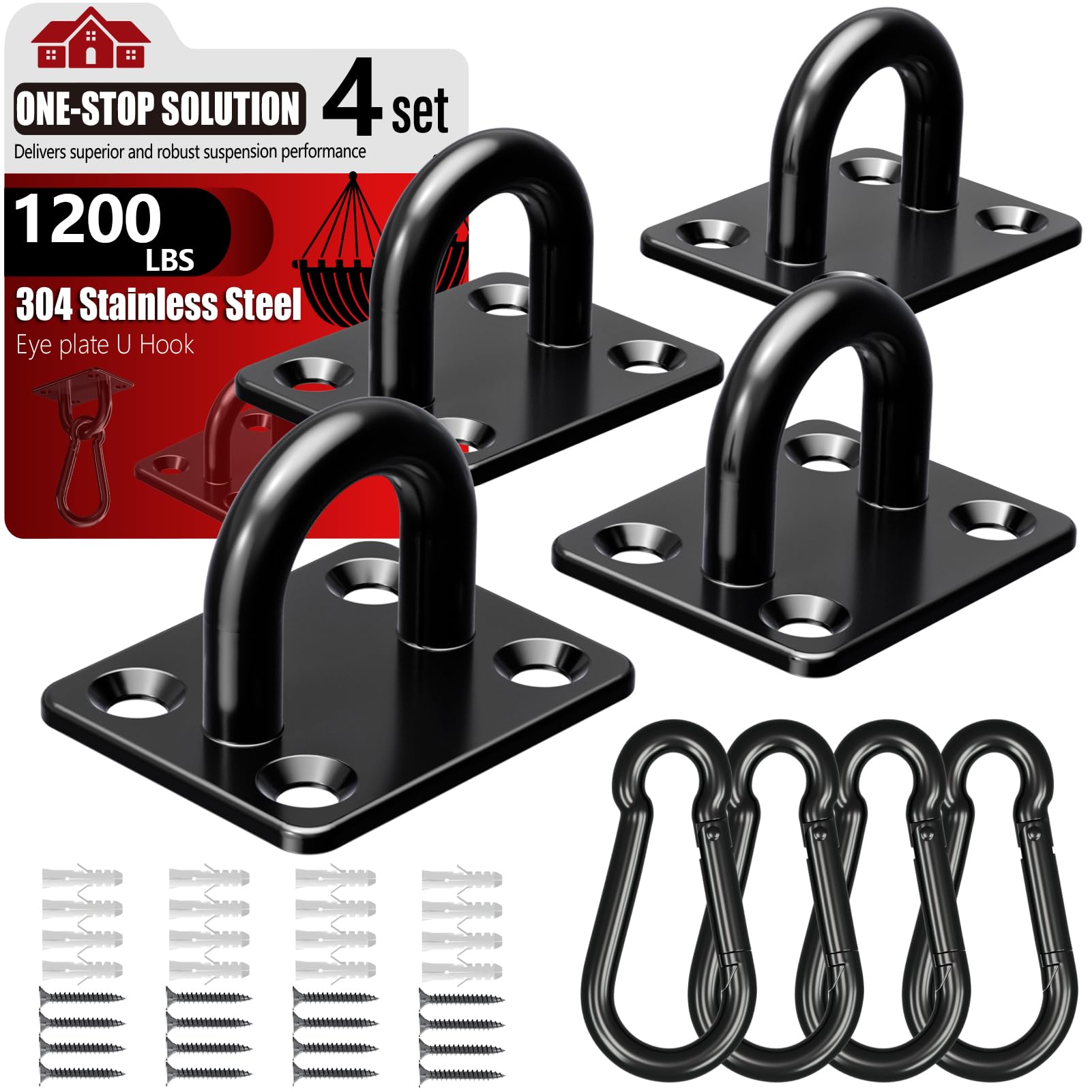 sprookber 304 Stainless Steel Pad Eye Snap Hooks, Heavy Duty Ceiling Hooks, Hammock Swing Hanging kit, Plant Hangers, Marine Hardware Staple Hook Loop with Screws, Set of 8