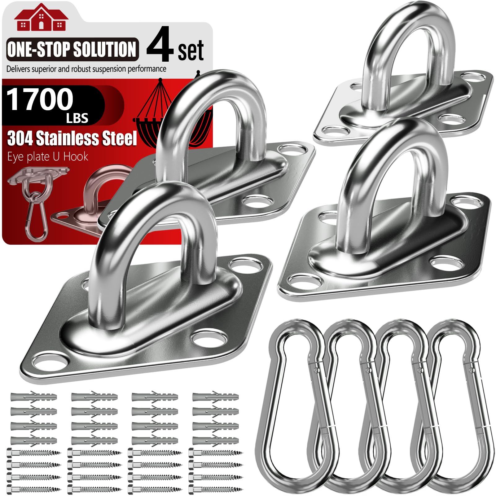 sprookber 304 Stainless Steel Pad Eye Snap Hooks, Heavy Duty Ceiling Hooks, Hammock Swing Hanging kit, Plant Hangers, Marine Hardware Staple Hook Loop with Screws, Set of 8
