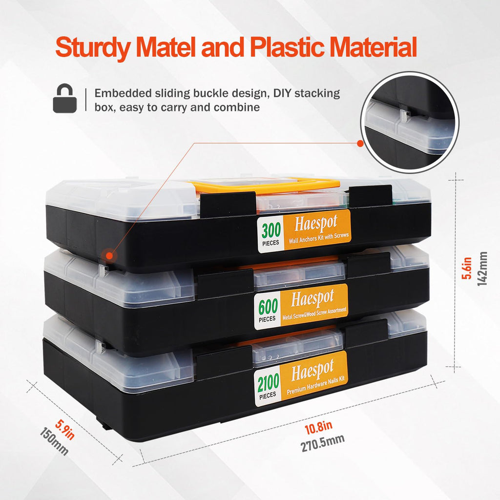 Haespot 3000-Piece Hardware Kit with Anchors, Tapping Screws, Deck Screws&Nails–DIY-Friendly,3-Tier Storage for Home Projects