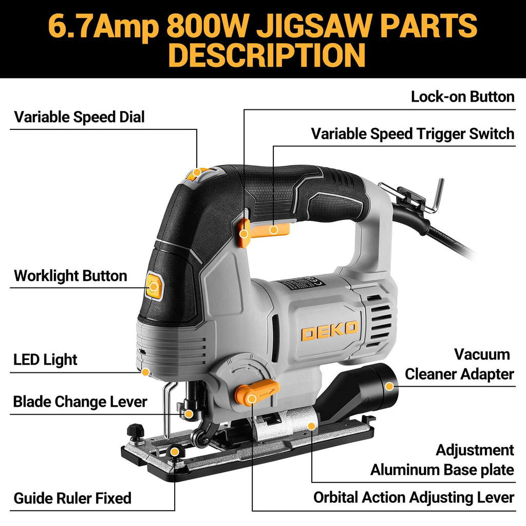 6.7-Amp Jig Saw Corded: Electric Jigsaw Tool Power Jig Saws for Wood Cutter with 6 Variable Speed Up to 3000 SPM, 4 Orbital Settings, LED Light & ±45° Bevel Cutting, Tool-Free Blade Change