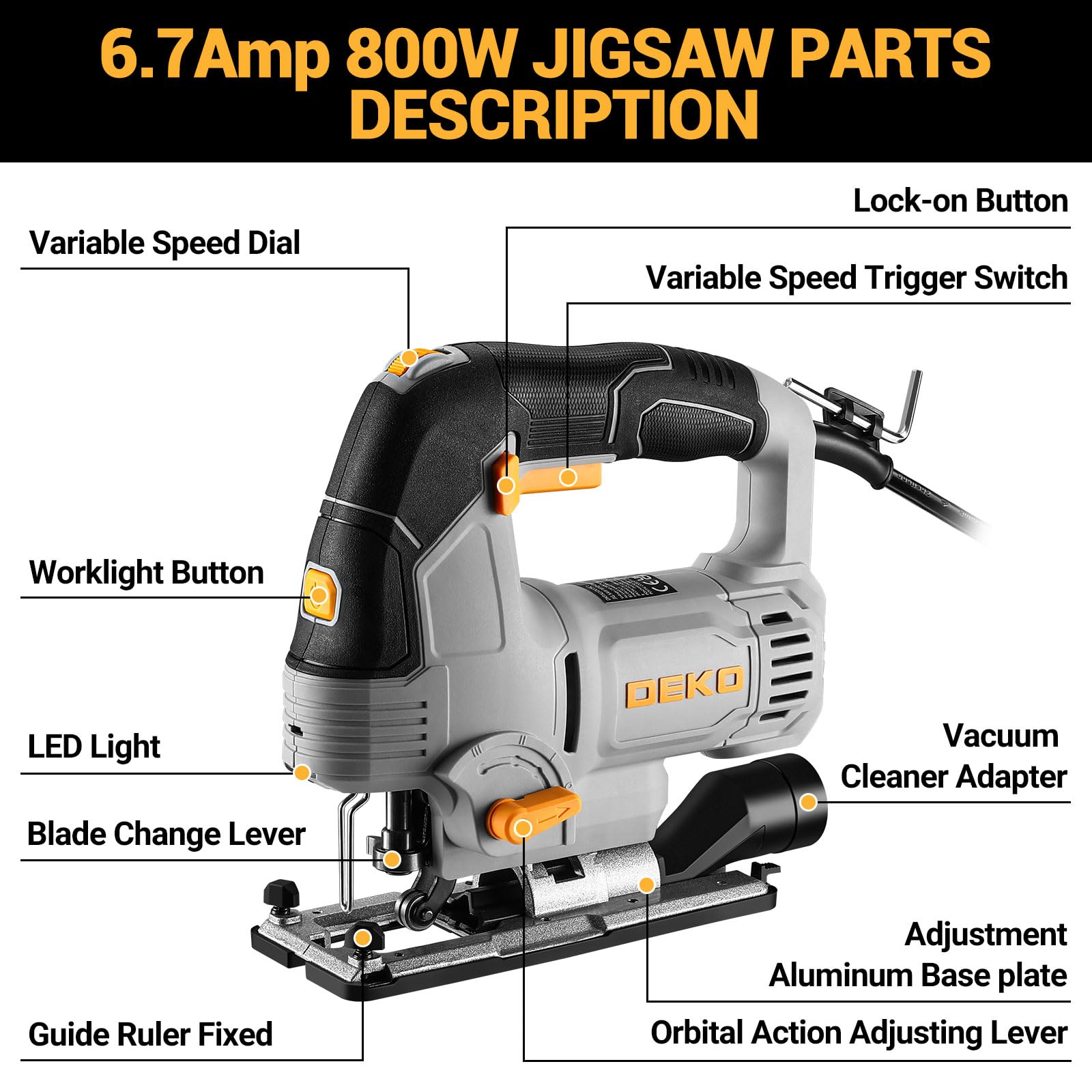 6.7-Amp Jig Saw Corded: Electric Jigsaw Tool Power Jig Saws for Wood Cutter with 6 Variable Speed Up to 3000 SPM, 4 Orbital Settings, LED Light & ±45° Bevel Cutting, Tool-Free Blade Change