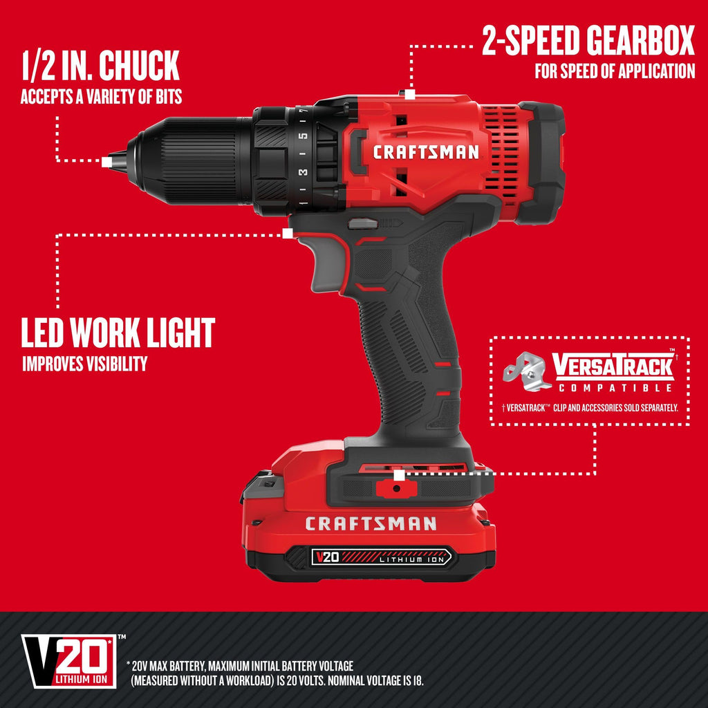 CRAFTSMAN V20 Cordless Drill/Driver Kit, 1/2 inch, Battery and Charger Included (CMCD700C1)