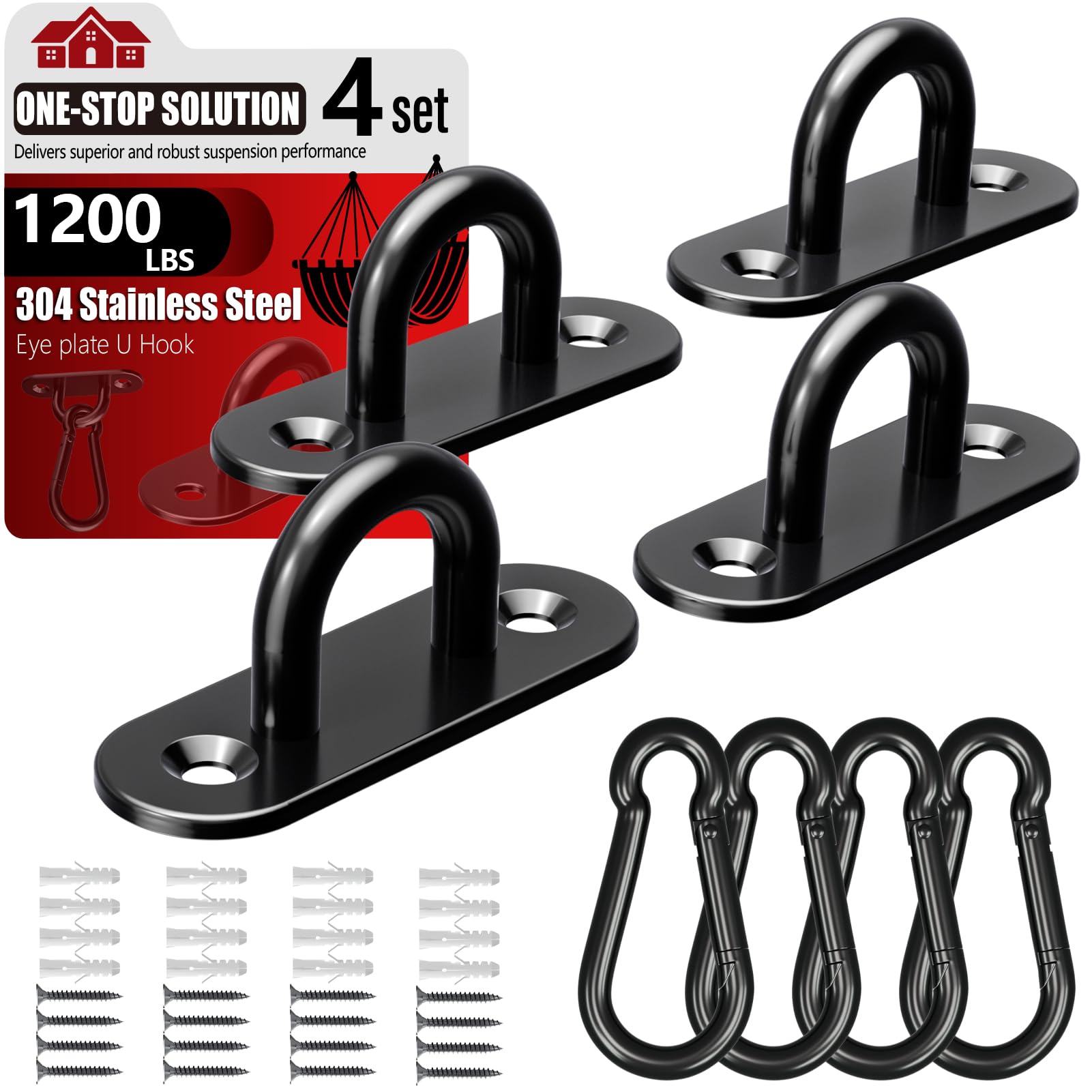 sprookber 304 Stainless Steel Pad Eye Snap Hooks, Heavy Duty Ceiling Hooks, Hammock Swing Hanging kit, Plant Hangers, Marine Hardware Staple Hook Loop with Screws, Set of 8