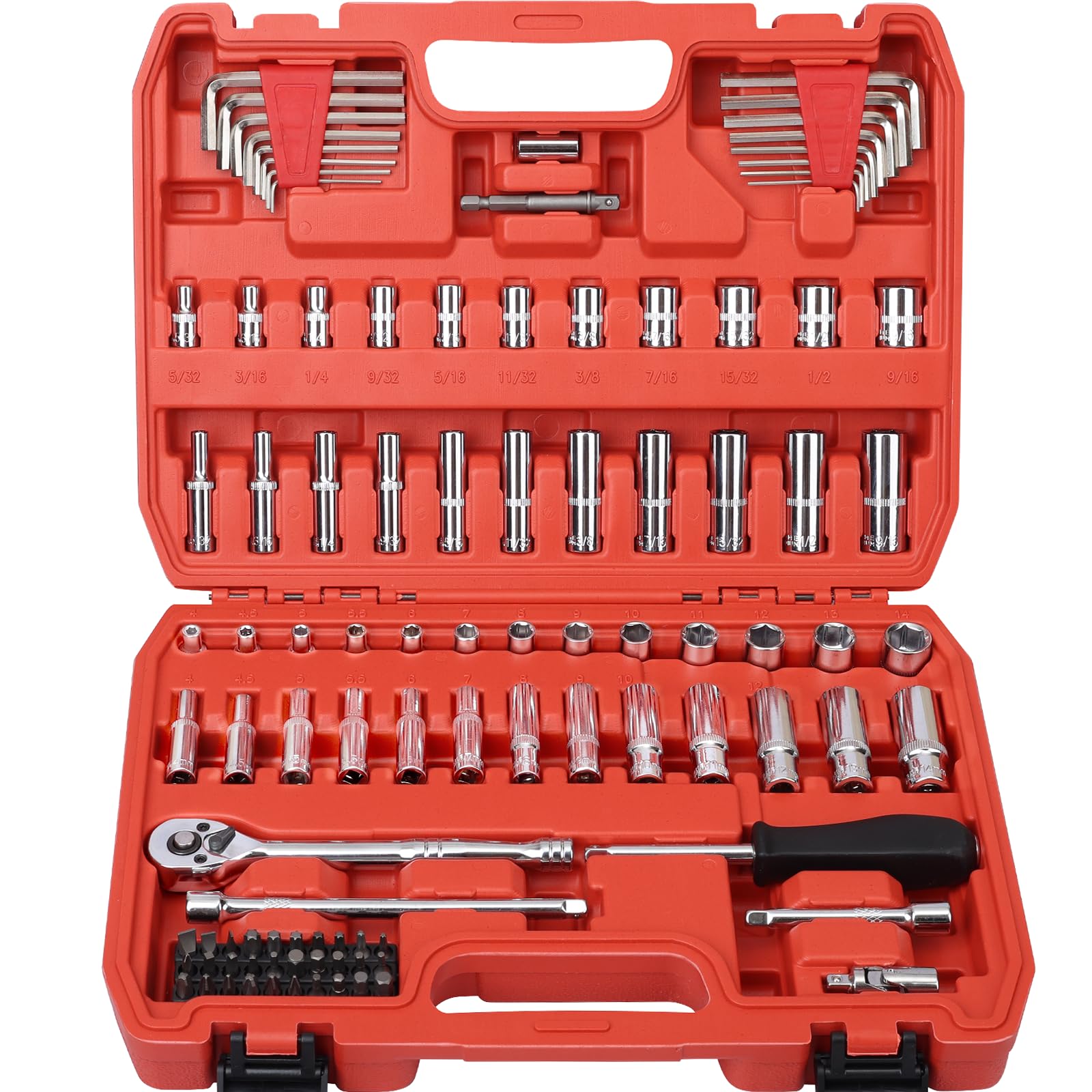 Egofine Drive Socket Ratchet Wrench Set, with Socket Set Metric and Extension Bar for Auto Repairing and Household, with Storage Case