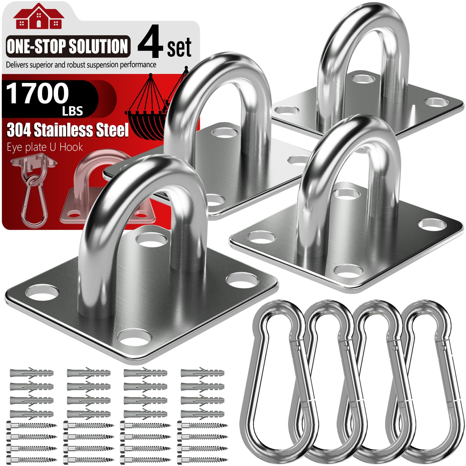 sprookber 304 Stainless Steel Pad Eye Snap Hooks, Heavy Duty Ceiling Hooks, Hammock Swing Hanging kit, Plant Hangers, Marine Hardware Staple Hook Loop with Screws, Set of 8