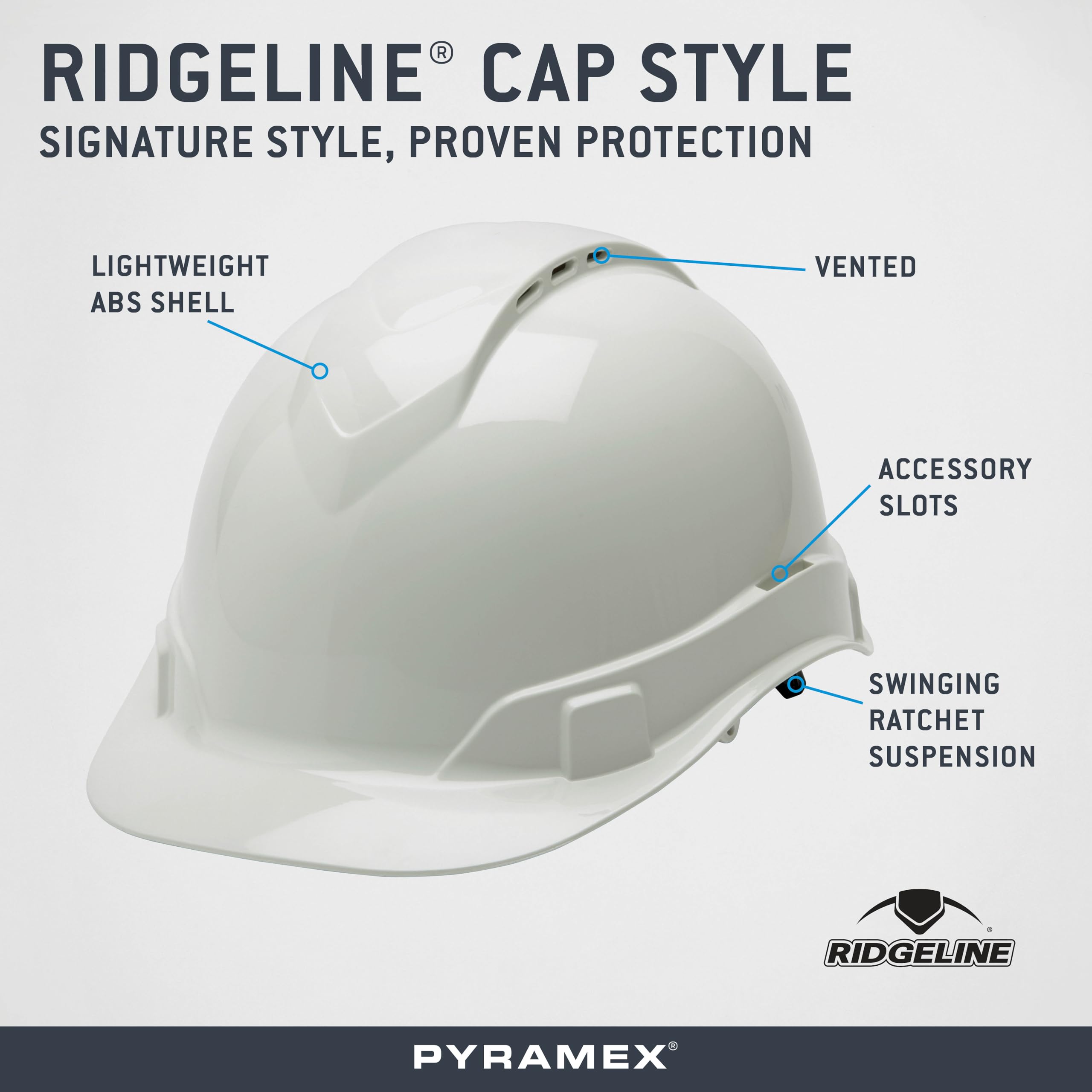 Pyramex Ridgeline Cap Style Hard Hat, Vented, 4-Point Ratchet Suspension, White