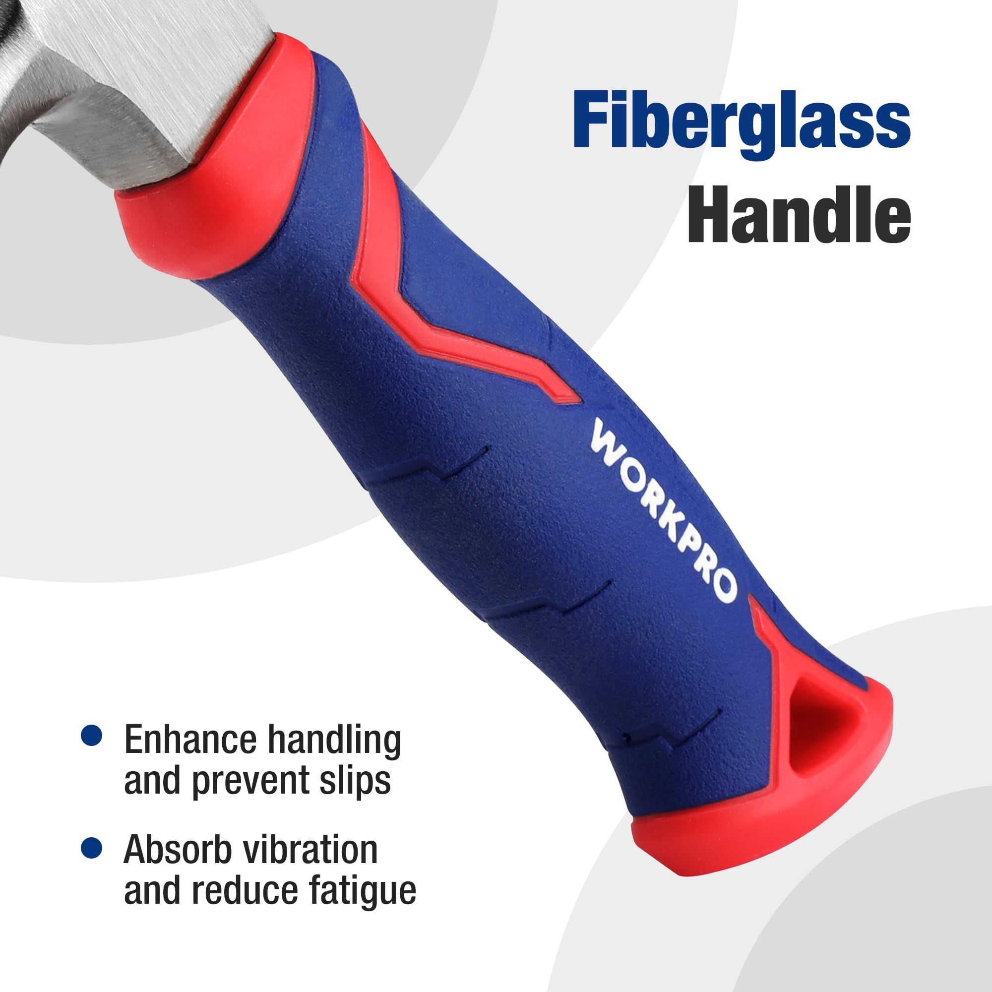 WORKPRO Claw Hammer with Fiberglass Handle, All Purpose Hammer with Forged Hardened Steel Head