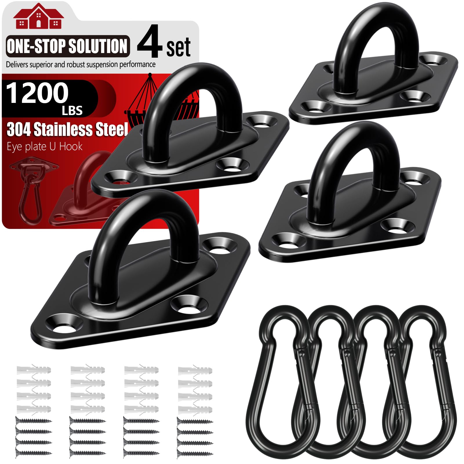 sprookber 304 Stainless Steel Pad Eye Snap Hooks, Heavy Duty Ceiling Hooks, Hammock Swing Hanging kit, Plant Hangers, Marine Hardware Staple Hook Loop with Screws, Set of 8