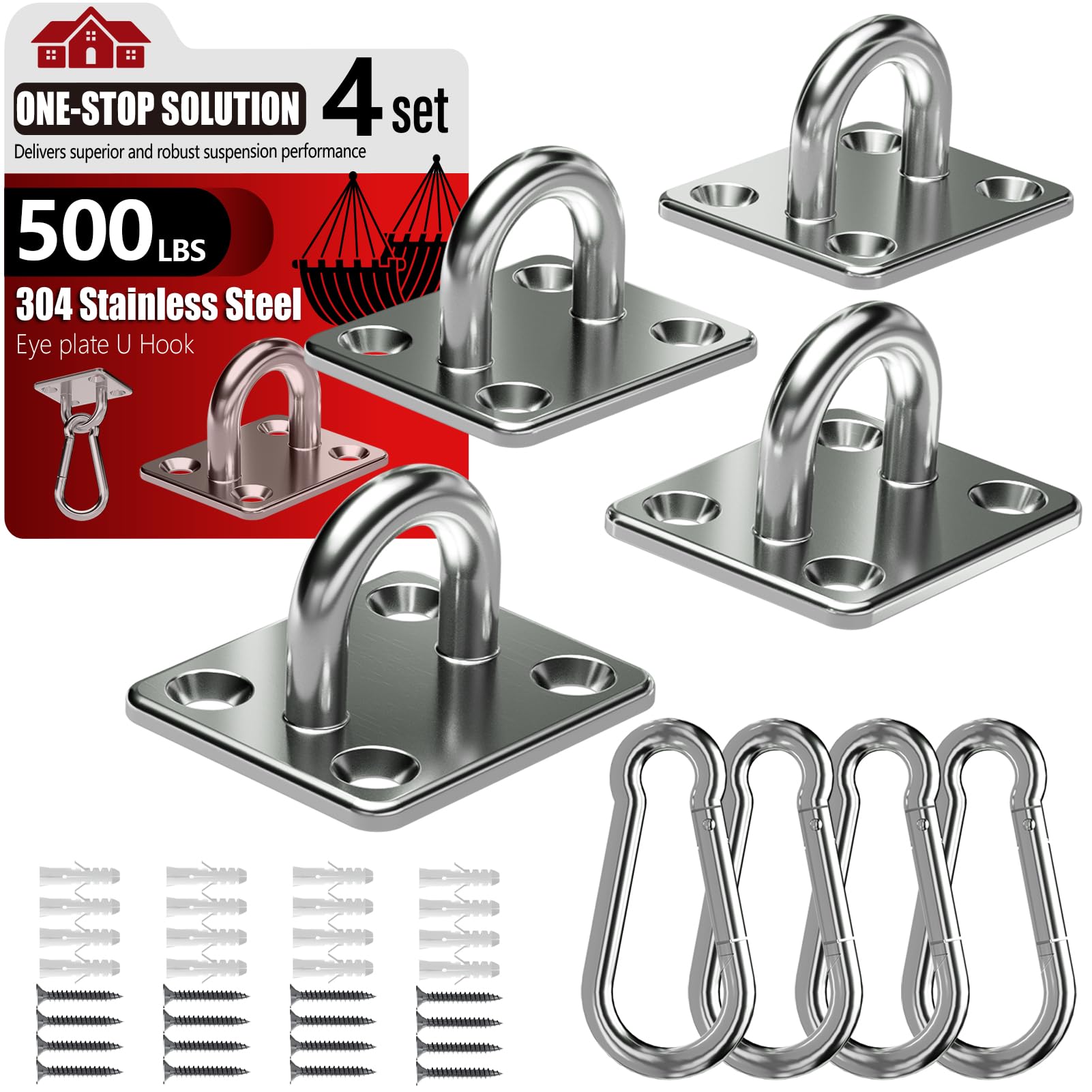 sprookber 304 Stainless Steel Pad Eye Snap Hooks, Heavy Duty Ceiling Hooks, Hammock Swing Hanging kit, Plant Hangers, Marine Hardware Staple Hook Loop with Screws, Set of 8