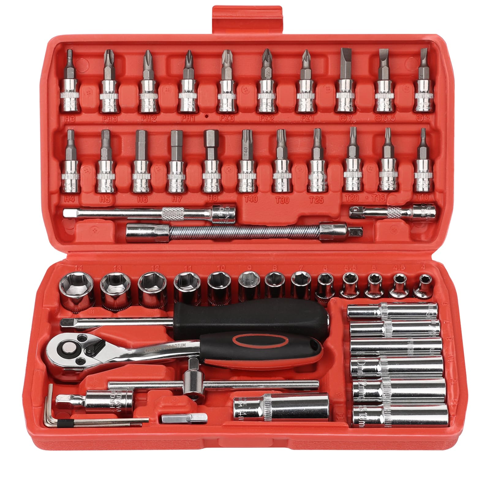 Egofine Drive Socket Ratchet Wrench Set, with Socket Set Metric and Extension Bar for Auto Repairing and Household, with Storage Case