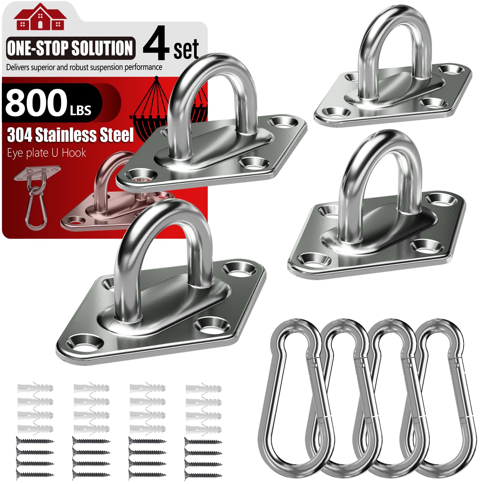 sprookber 304 Stainless Steel Pad Eye Snap Hooks, Heavy Duty Ceiling Hooks, Hammock Swing Hanging kit, Plant Hangers, Marine Hardware Staple Hook Loop with Screws, Set of 8