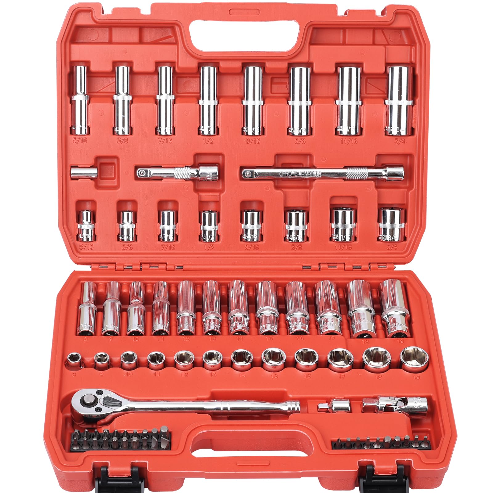 Egofine Drive Socket Ratchet Wrench Set, with Socket Set Metric and Extension Bar for Auto Repairing and Household, with Storage Case