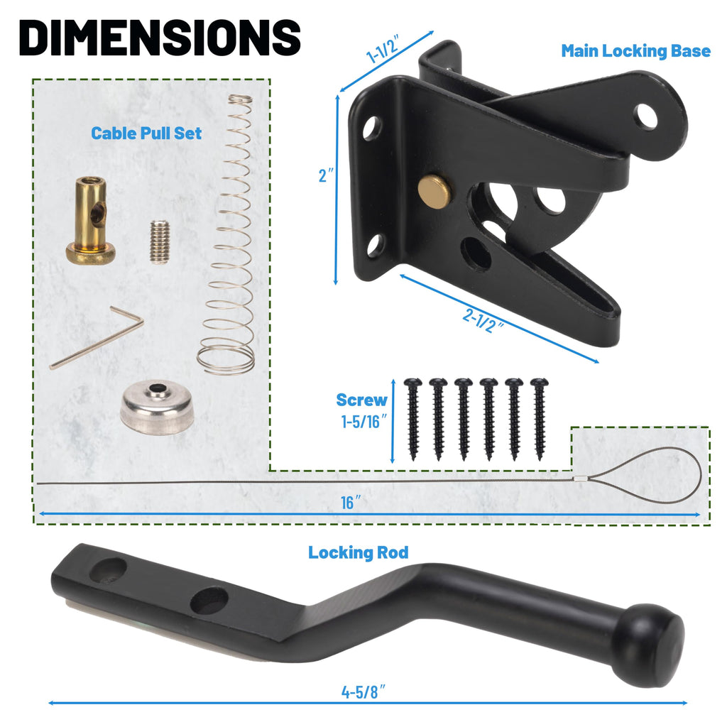 Self Closing Gate Latches with Spring Cable Pulll, Post Mount Automatic Gravity Lever Gate Fence Door Lock for Wooden Fence/Vinyl Door/Aluminum Gate