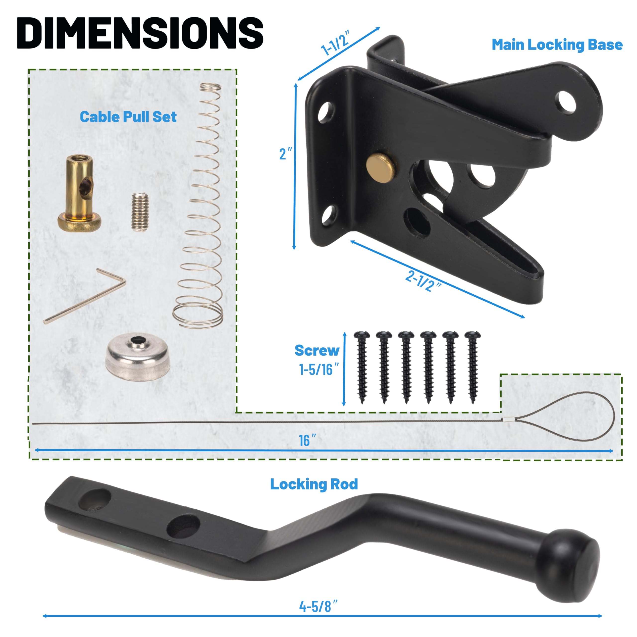 Self Closing Gate Latches with Spring Cable Pulll, Post Mount Automatic Gravity Lever Gate Fence Door Lock for Wooden Fence/Vinyl Door/Aluminum Gate