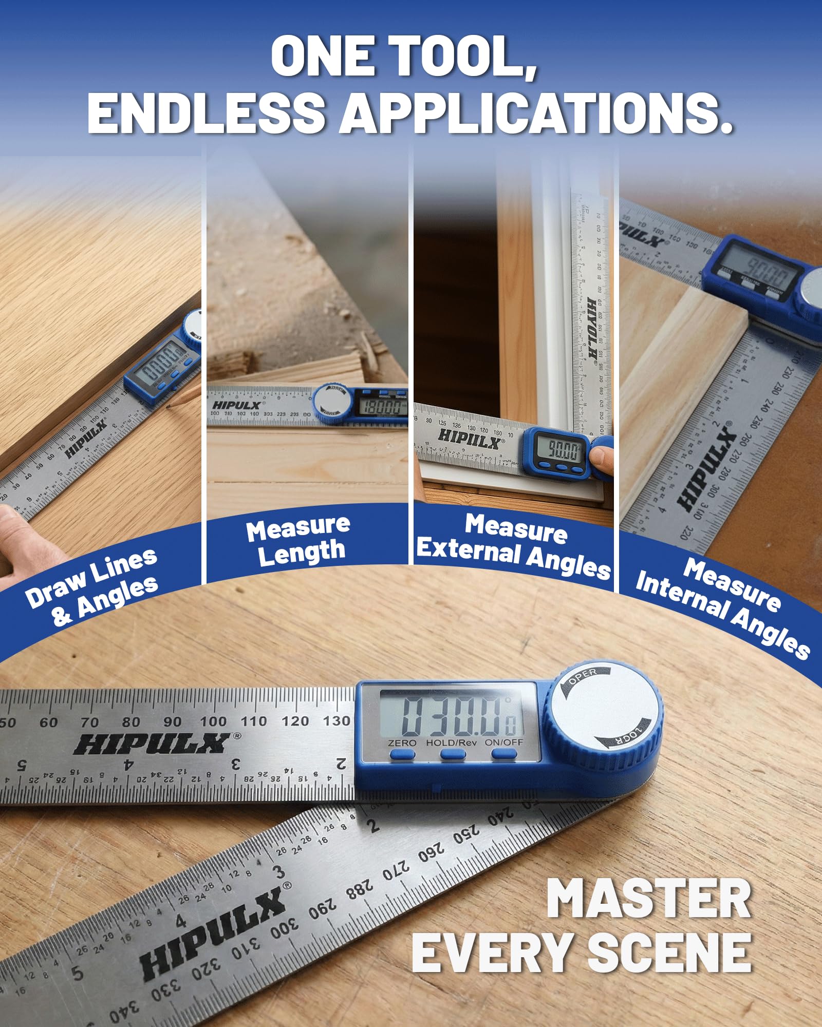HIPULX Digital Angle Finder Ruler, 7 Inch 2-in-1 Stainless Steel Angle Finder Tool, 360° Digital Protractor with LCD Display for Woodworking, Construction, Reverse Angle Measurement