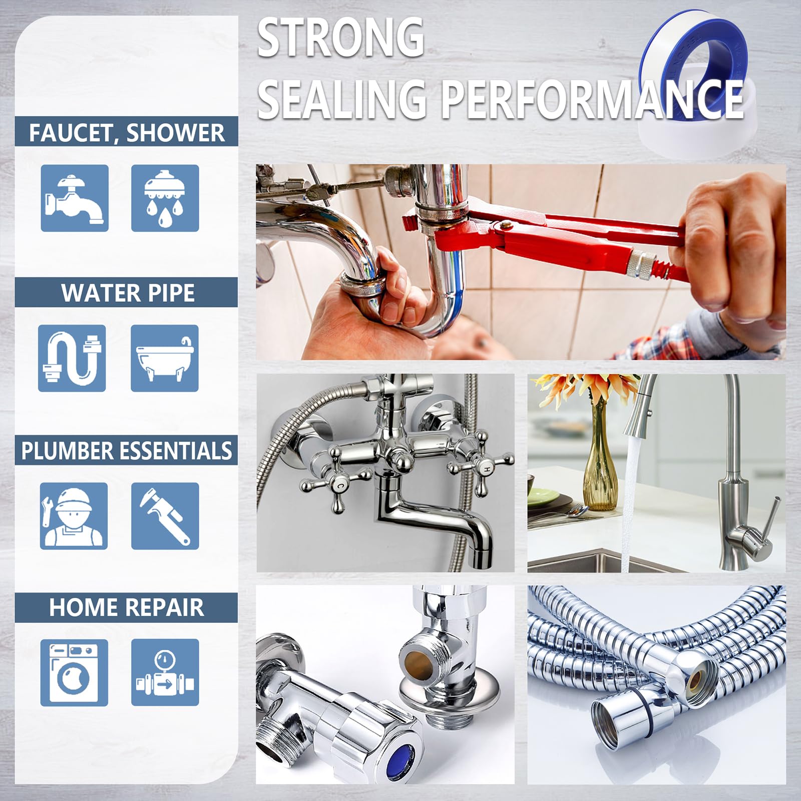 Teflon Tape,PTFE Plumbers Tape,for Sealing,Plumbing,Sealant,Thread Seal for Shower Head,Water Pipe,Prevent Leakage