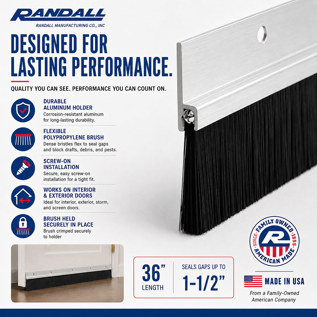 Aluminum & Brush Door Sweep | 36-Inch Length | Weatherproofing Solution for Gaps Up to 1 1/2" | Durable USA-Made Door Sweep Seal | Dust, Debris, and Draft Protection