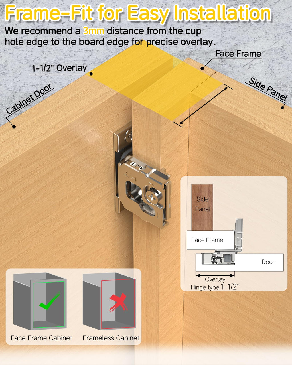 Onemake Face Frame Soft Close Cabinet Hinges, 105° Concealed Hinge, Smooth Slow Self Closing, 3D Adjustable, Hidden Hardware Replacement for Kitchen, Wardrobe, Cupboard Door