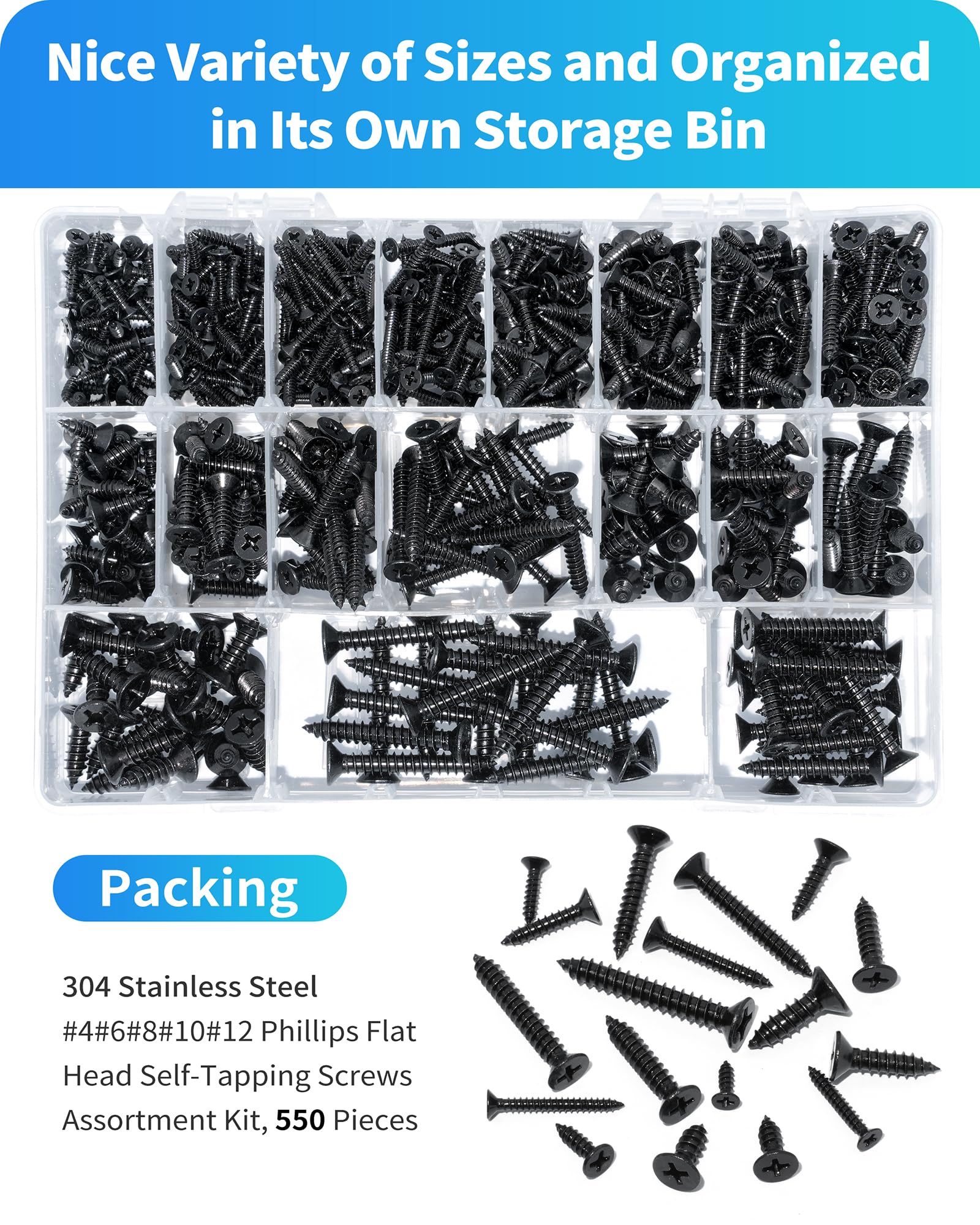 DIVANC 550Pcs 304 Stainless Steel Wood Screws Assortment Kit, Phillips Pan Head Sheet Metal Screws Self Tapping Screws Set, #4#6#8#10#12 Wood Assorted Screw