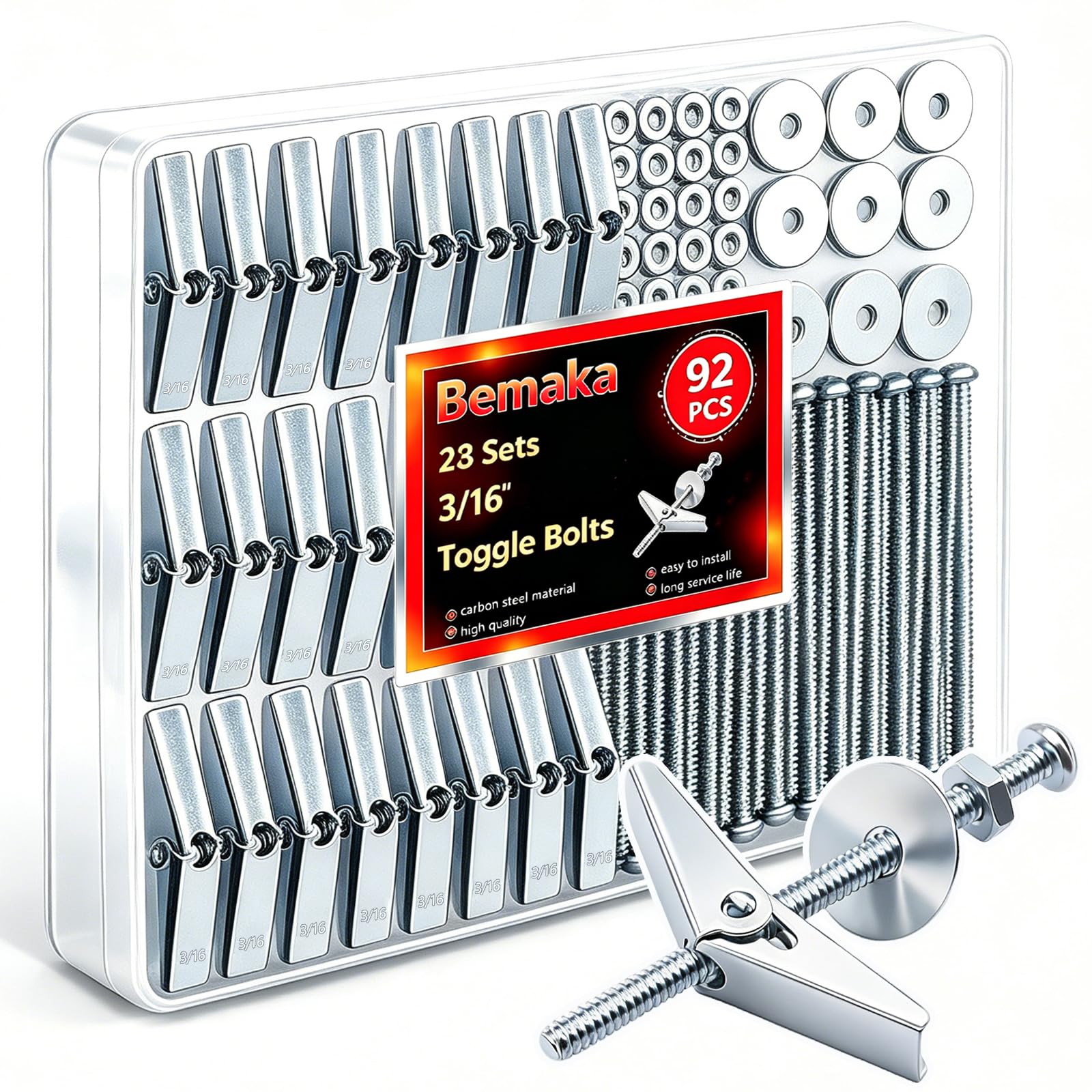 Bemaka (1/8" 3/16" 1/4" 1/4"-20 11 Sizes Assortment kit) (Silver/Multicolor/White) (Optional) Toggle Bolts for Drywall, Heavy Duty Drywall Anchors and Screws Kit for Hollow Wall, Ceiling