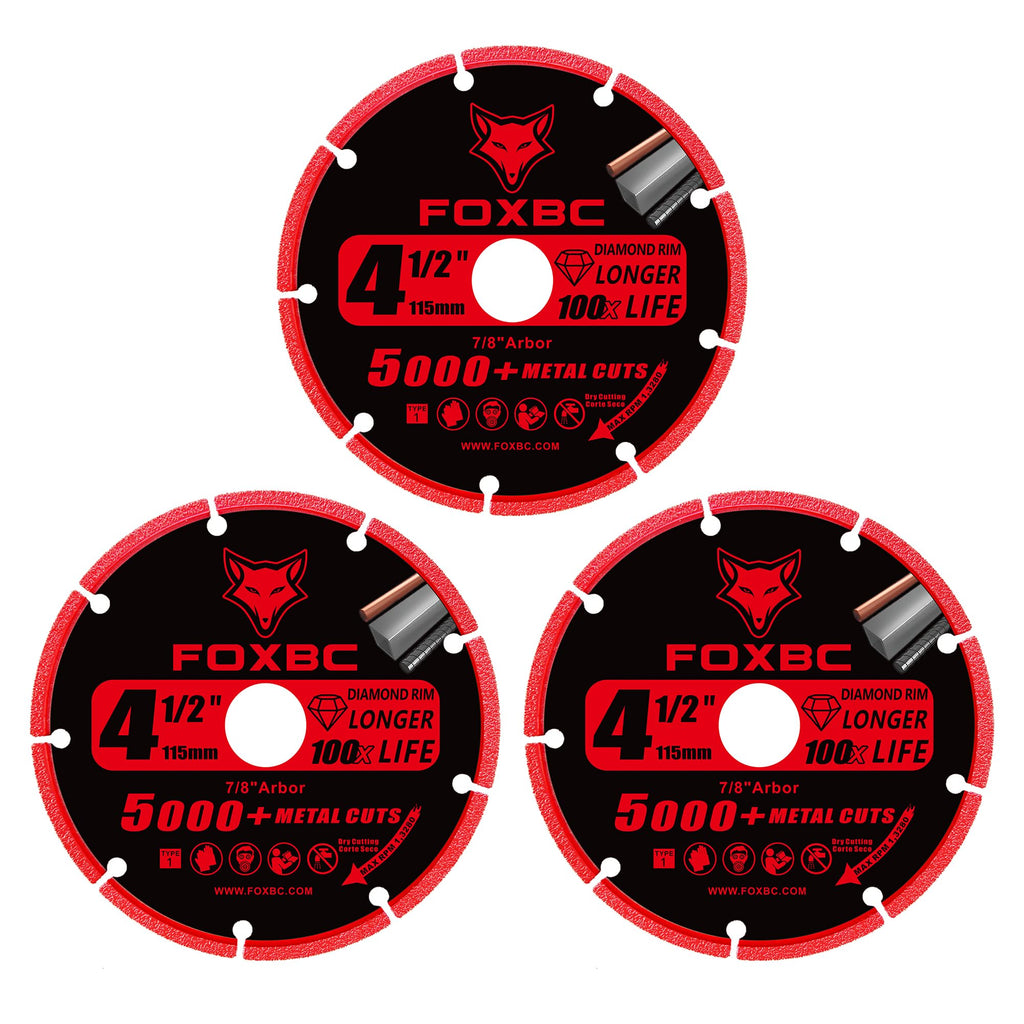FOXBC 4-1/2 Inch Diamond Cutting Wheel Metal Cut Off for Angle Grinder, 5000+ Cuts on Rebar, Stainless Steel, Angle Iron, 7/8" Arbor - 3 Pack